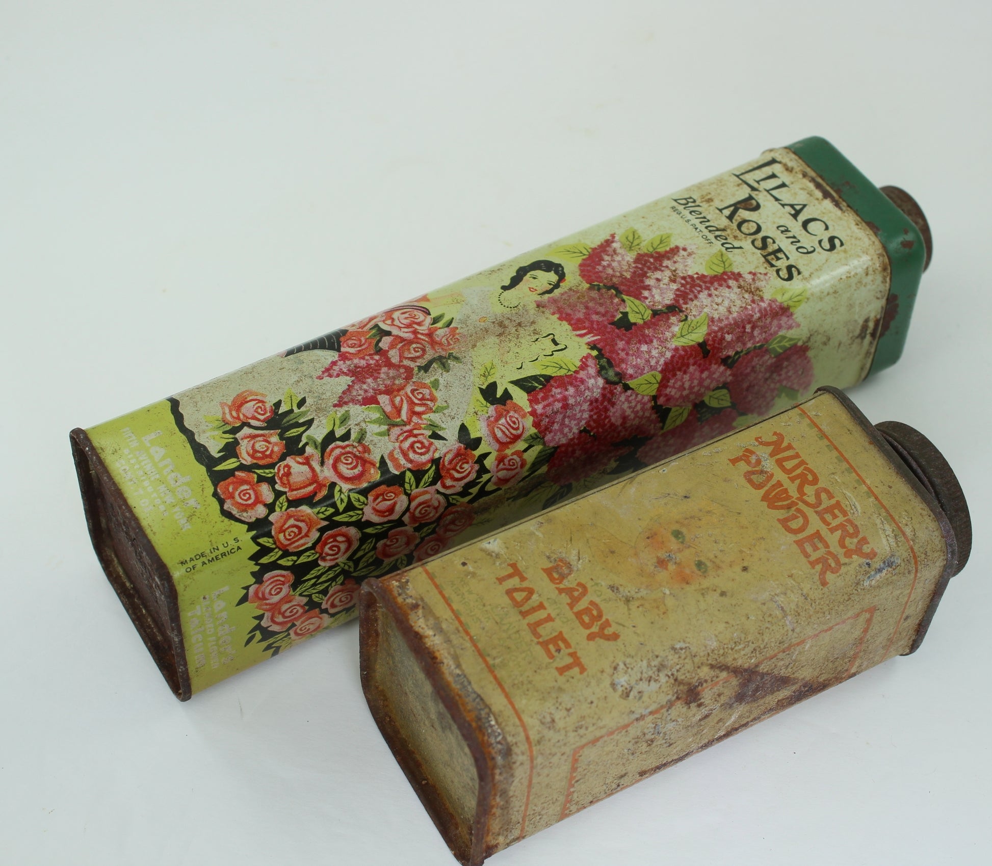 Old Vintage Decorative Tin Boxes Powder Lilacs Roses & Nursery Borated Baby Powder old tin with baby face on front