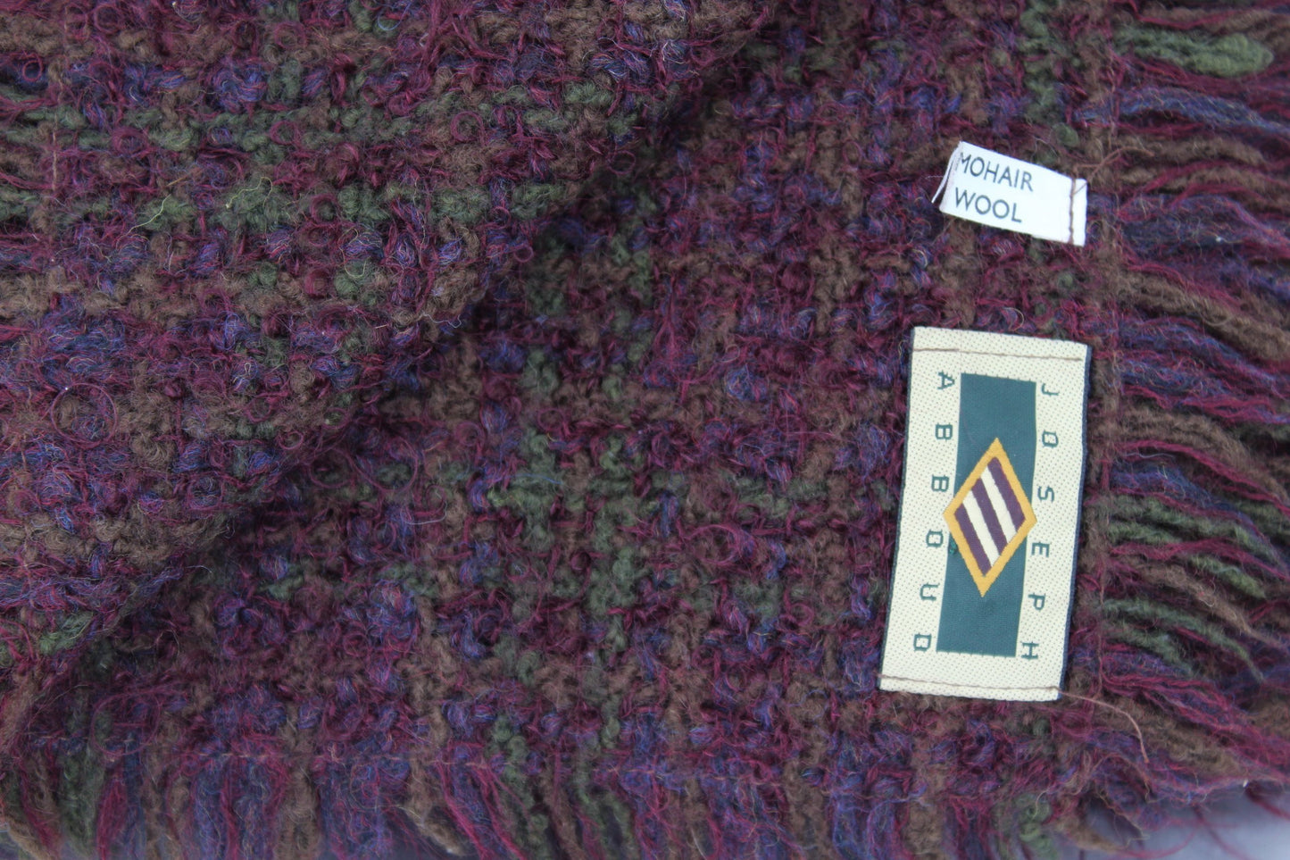Mohair Shawl Scarf Joseph Abboud Unisex Fringed Aubergine Purple Green 26" X 68" coat scarf