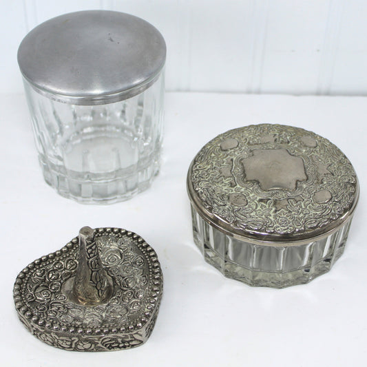 Vintage Collection Vanity Glass Jars & Ring Holder Repousse Floral