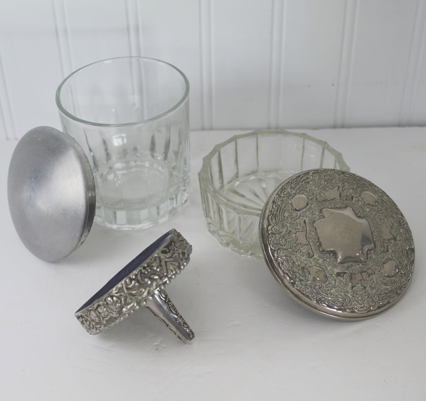 Vintage Collection Vanity Glass Jars & Ring Holder Repousse Floral vintage mid century