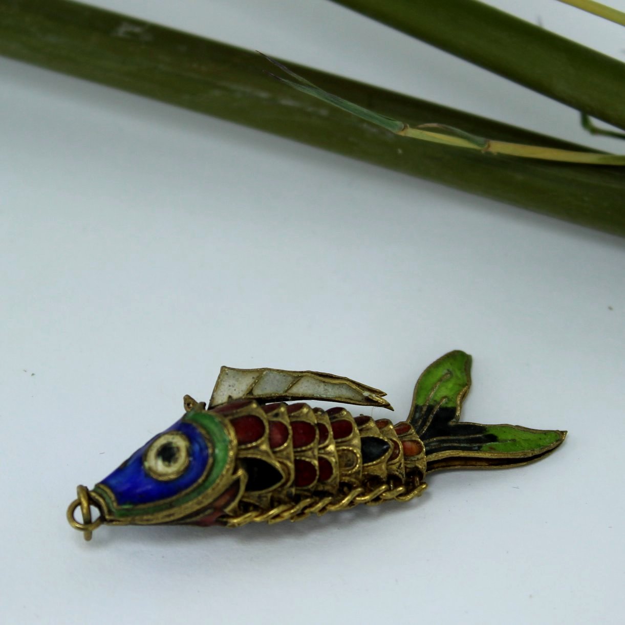 Enamel Cloisonne Pendant Charm Articulating Fish Cobalt Green Red