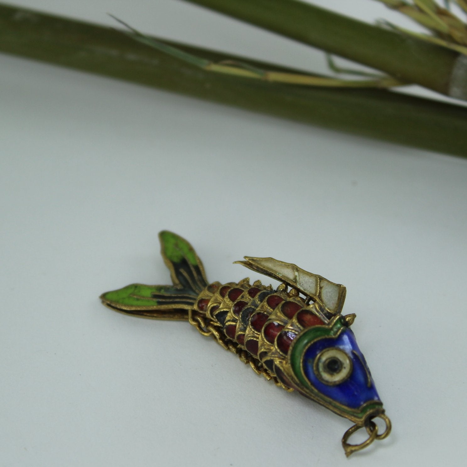 Enamel Cloisonne Pendant Charm Articulating Fish Cobalt Green Red long frontal view fish