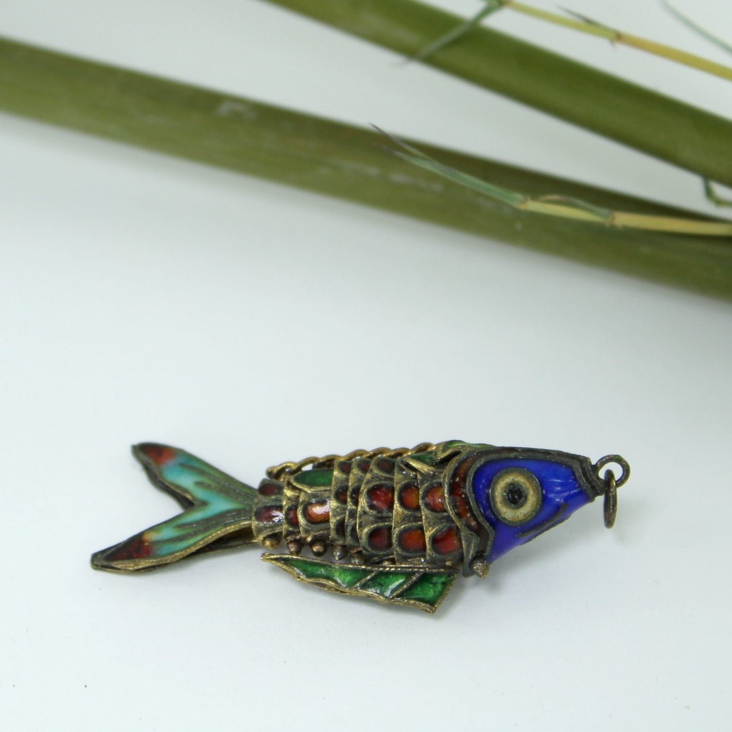 Enamel Cloisonne Pendant Articulated Fish Colorful Cobalt Aqua Green Red side view fish