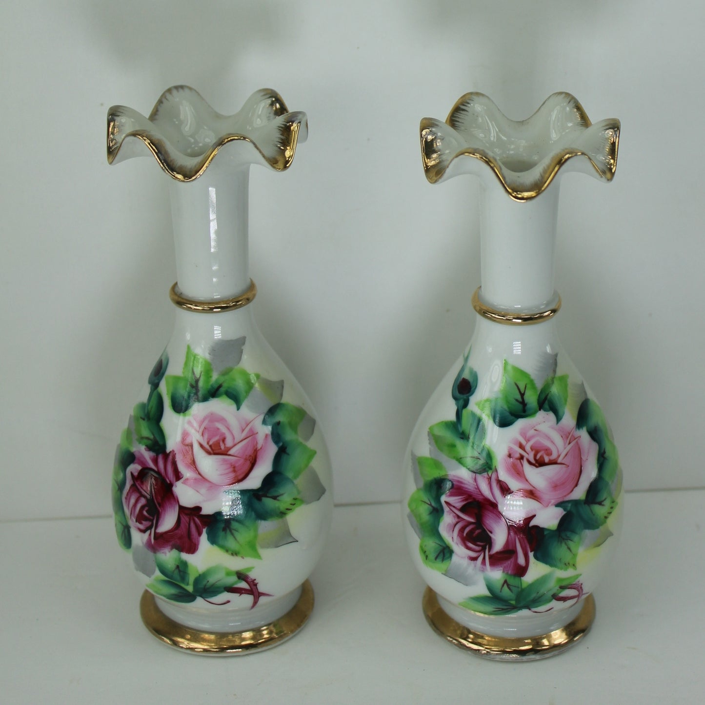 Pair Nasco Japan Vases Made Japan Roses Gilt Mid Century Hand Paint Orig Labels