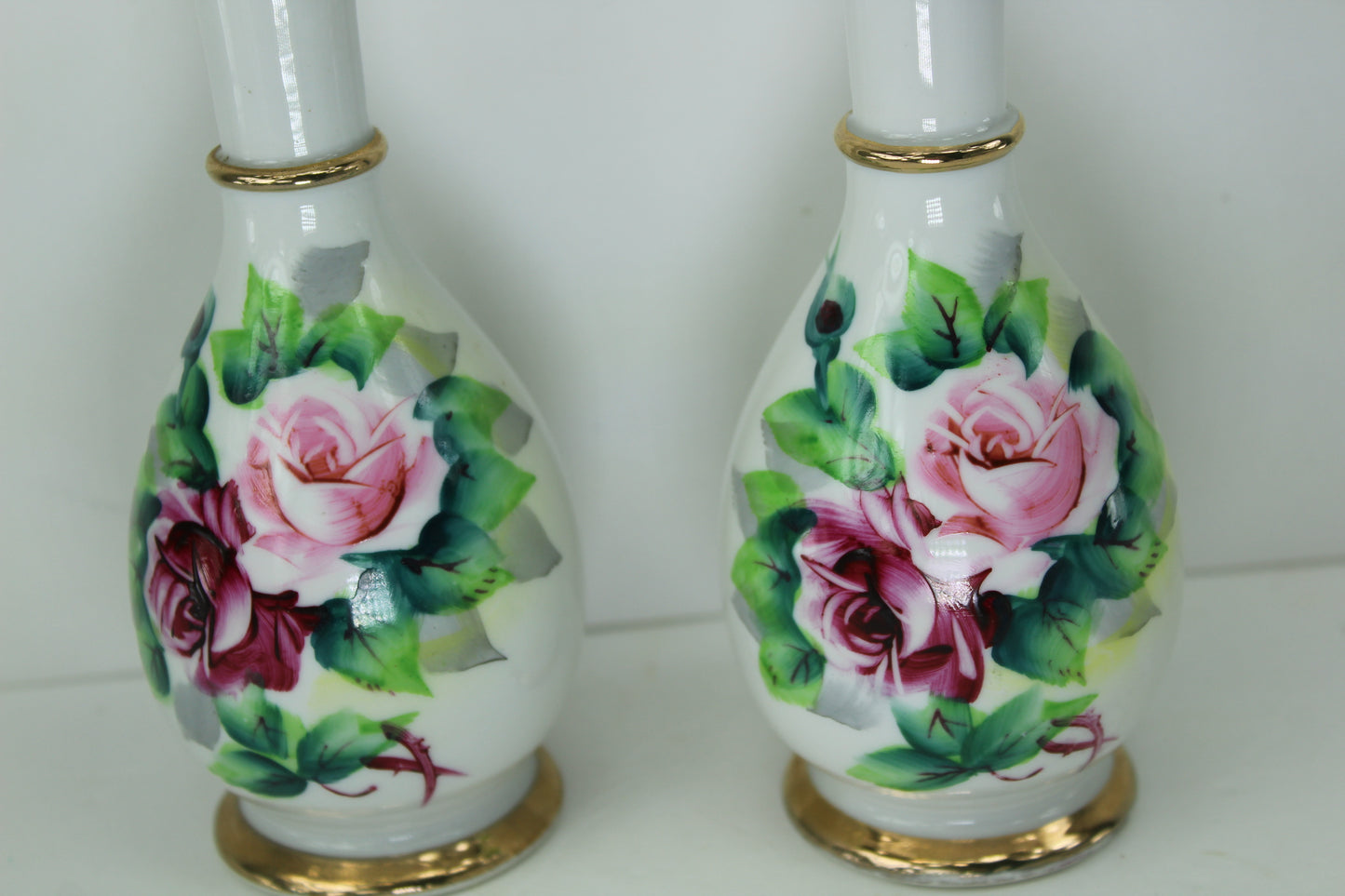 Pair Nasco Japan Vases Made Japan Roses Gilt Mid Century Hand Paint Orig Labels unusually fine condition