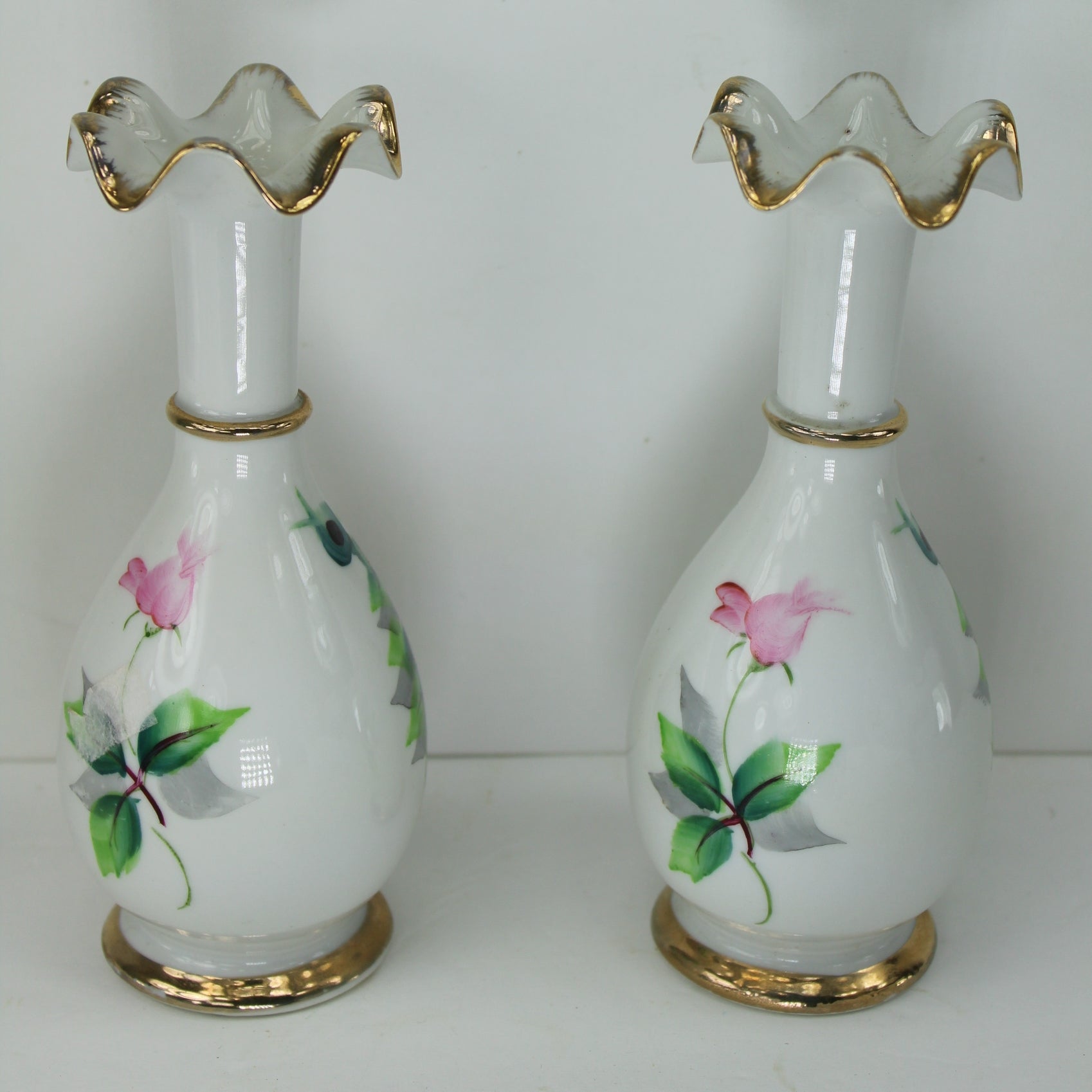 Pair Nasco Japan Vases Made Japan Roses Gilt Mid Century Hand Paint Orig Labels colors deep vibrant