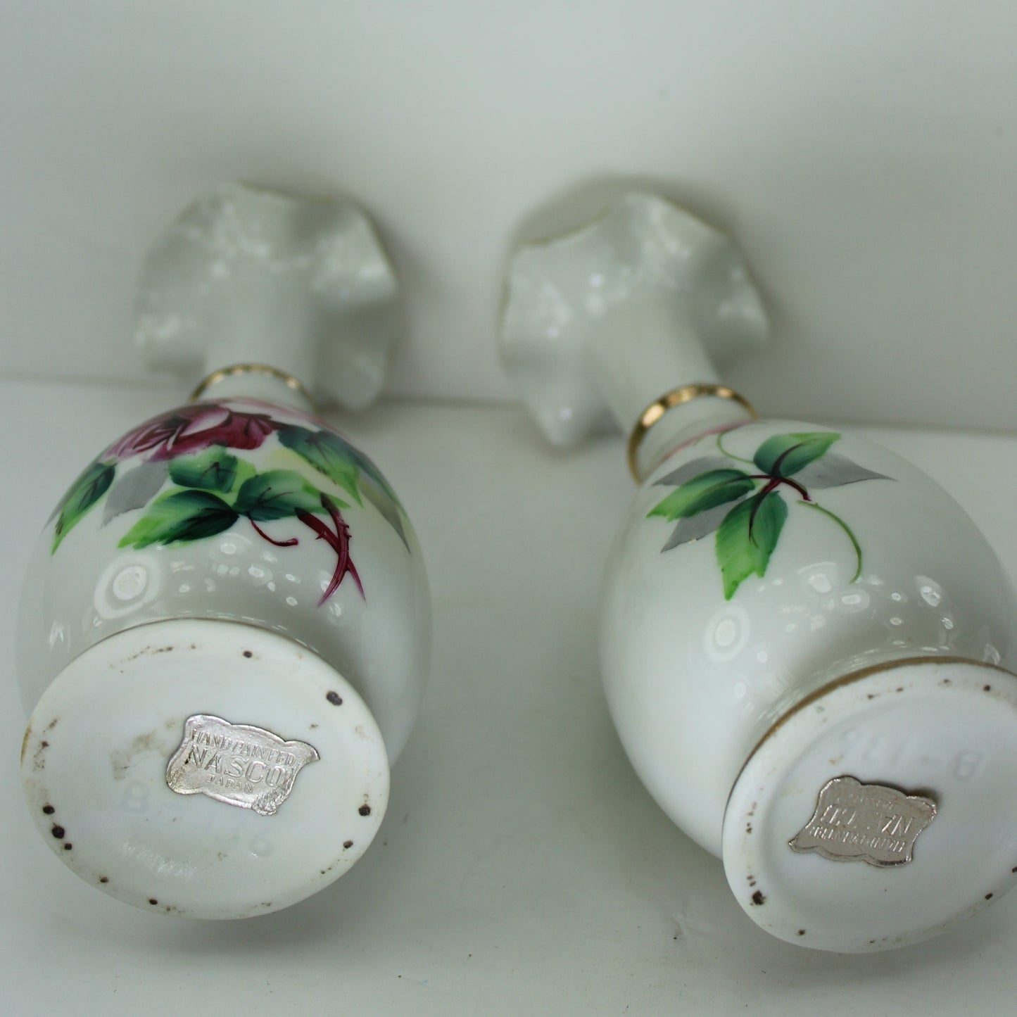 Pair Nasco Japan Vases Made Japan Roses Gilt Mid Century Hand Paint Orig Labels silver labels on both mid century style