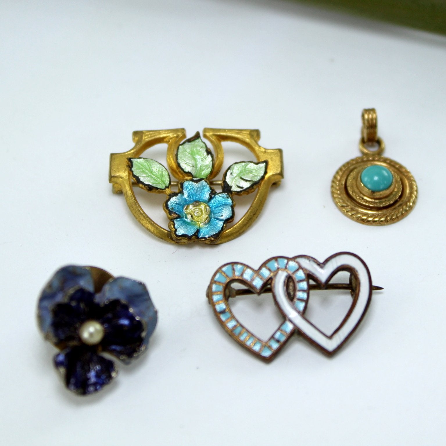 Collection Mid Century Pins Button Pendant Floral Enamel Hearts Pansy Wells 14K GF closeup of items