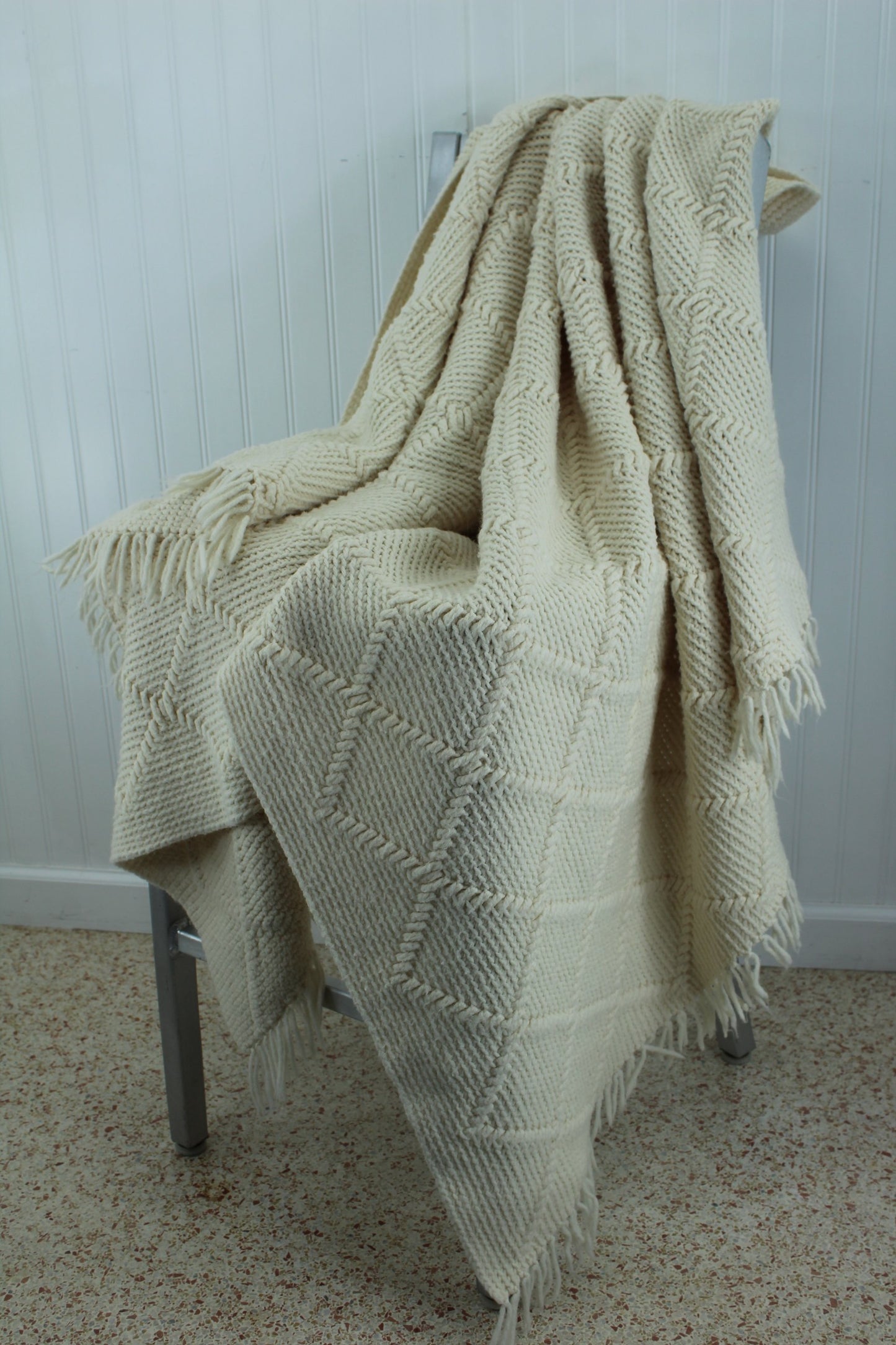 Hand Made Afghan Dimensional Design Acrylic Blend Throw Ivory 45" X 71" Knotted Fringe different