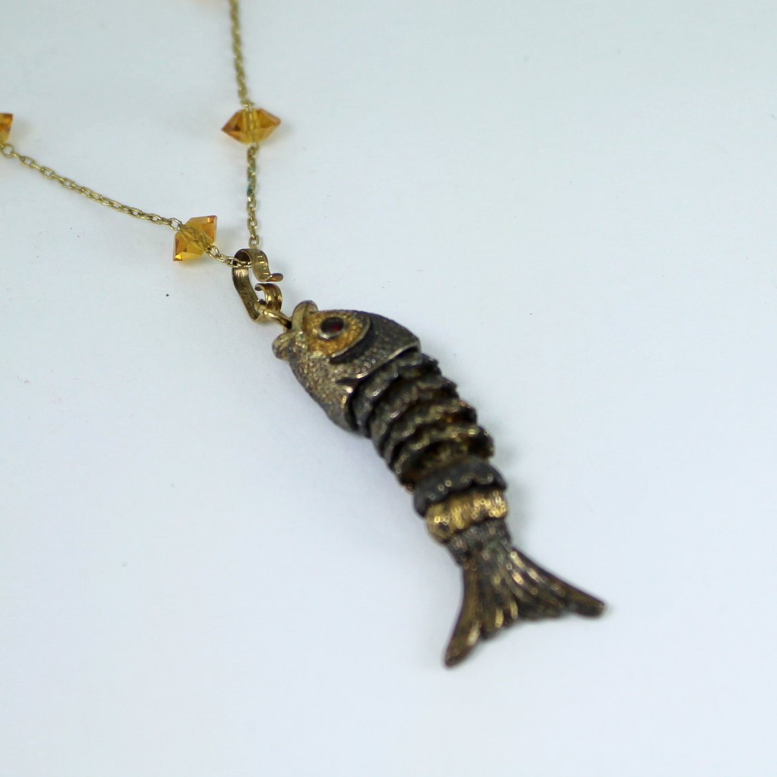 Stunning Necklace Monet Articulated Fish Amber Crystal Chain trembler fish moves like live
