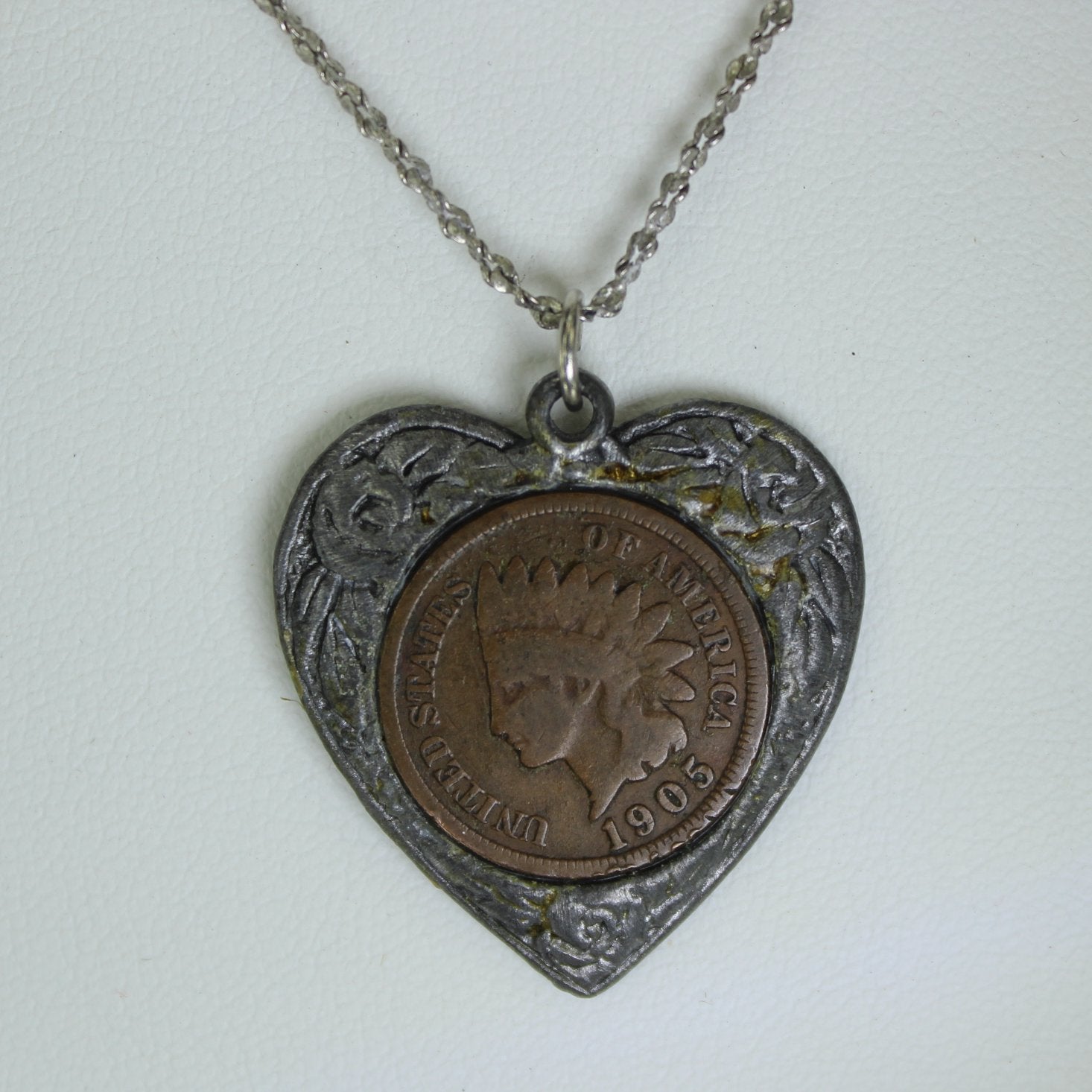 Heart Pewter Necklace 1905 Indian Head Penny Cent 