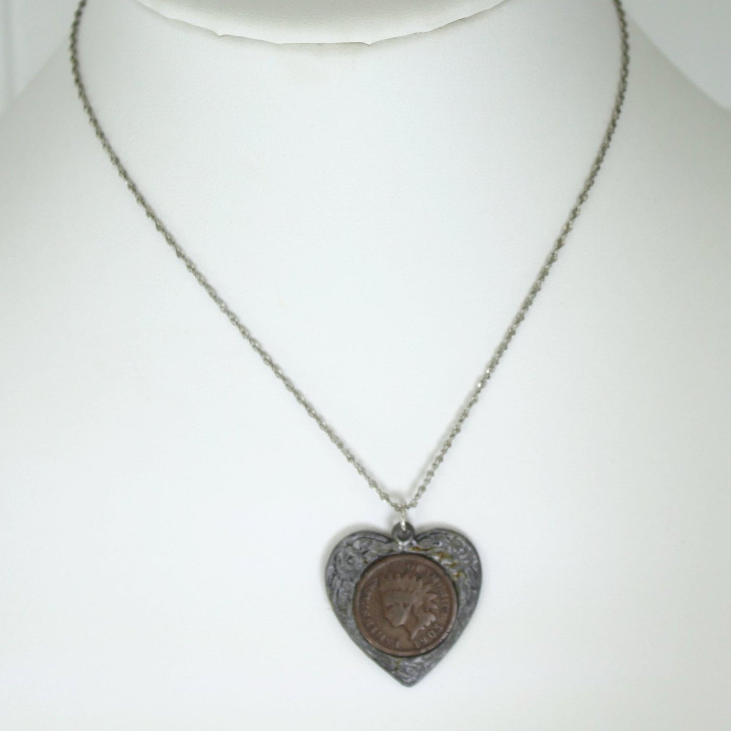 Heart Pewter Necklace 1905 Indian Head Penny Cent  neck view necklace