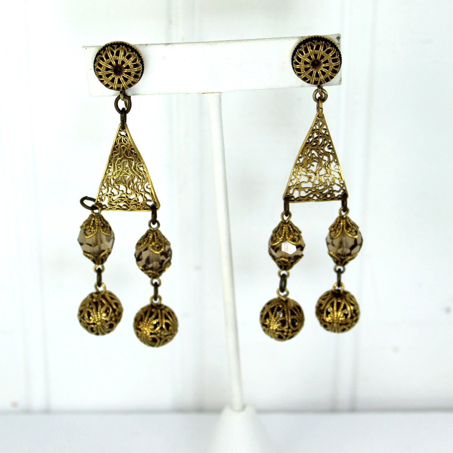 Accessocraft NYC Screw Back Earrings Filigree Crystal Beads Long Chandeliers hanging view
