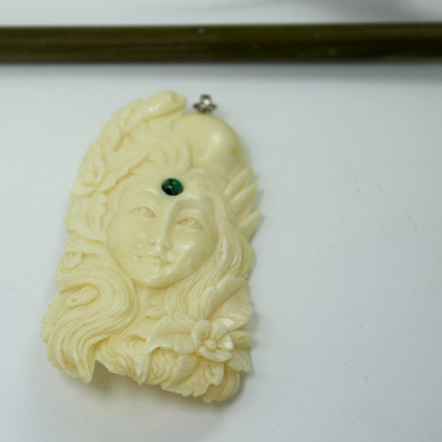 Pendant Carved Bone Lovely Face Flowers Forehead Stone 925 Bail Long 2 3/4" side face view flowers
