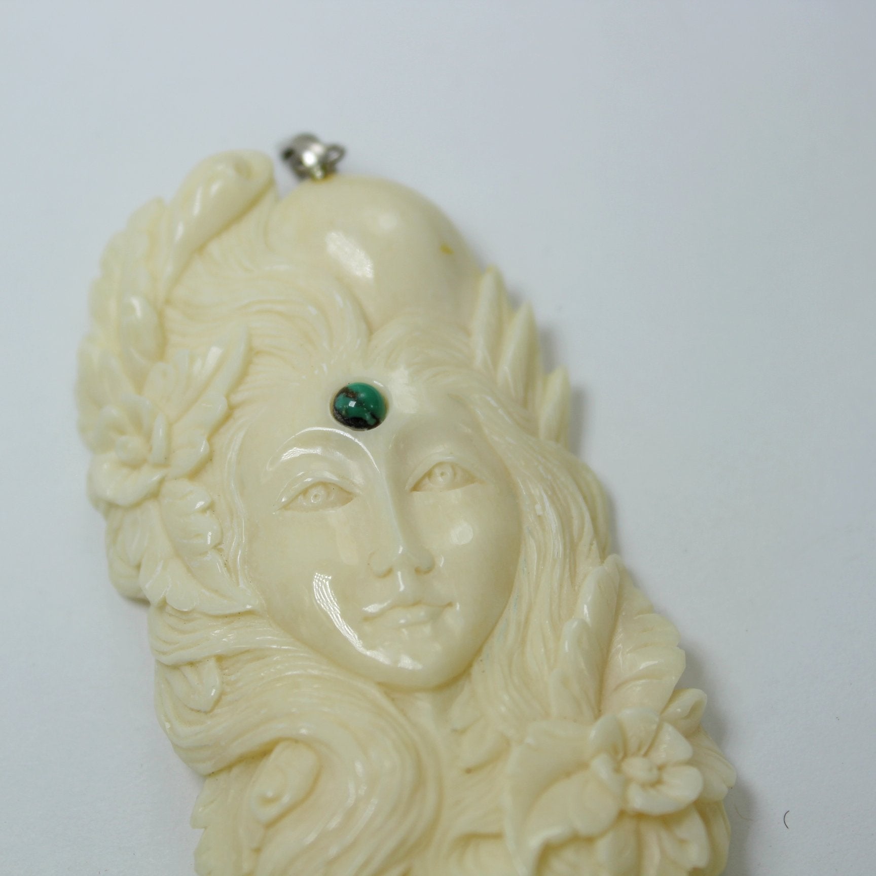 Pendant Carved Bone Lovely Face Flowers Forehead Stone 925 Bail Long 2 3/4" closeup of face and stone