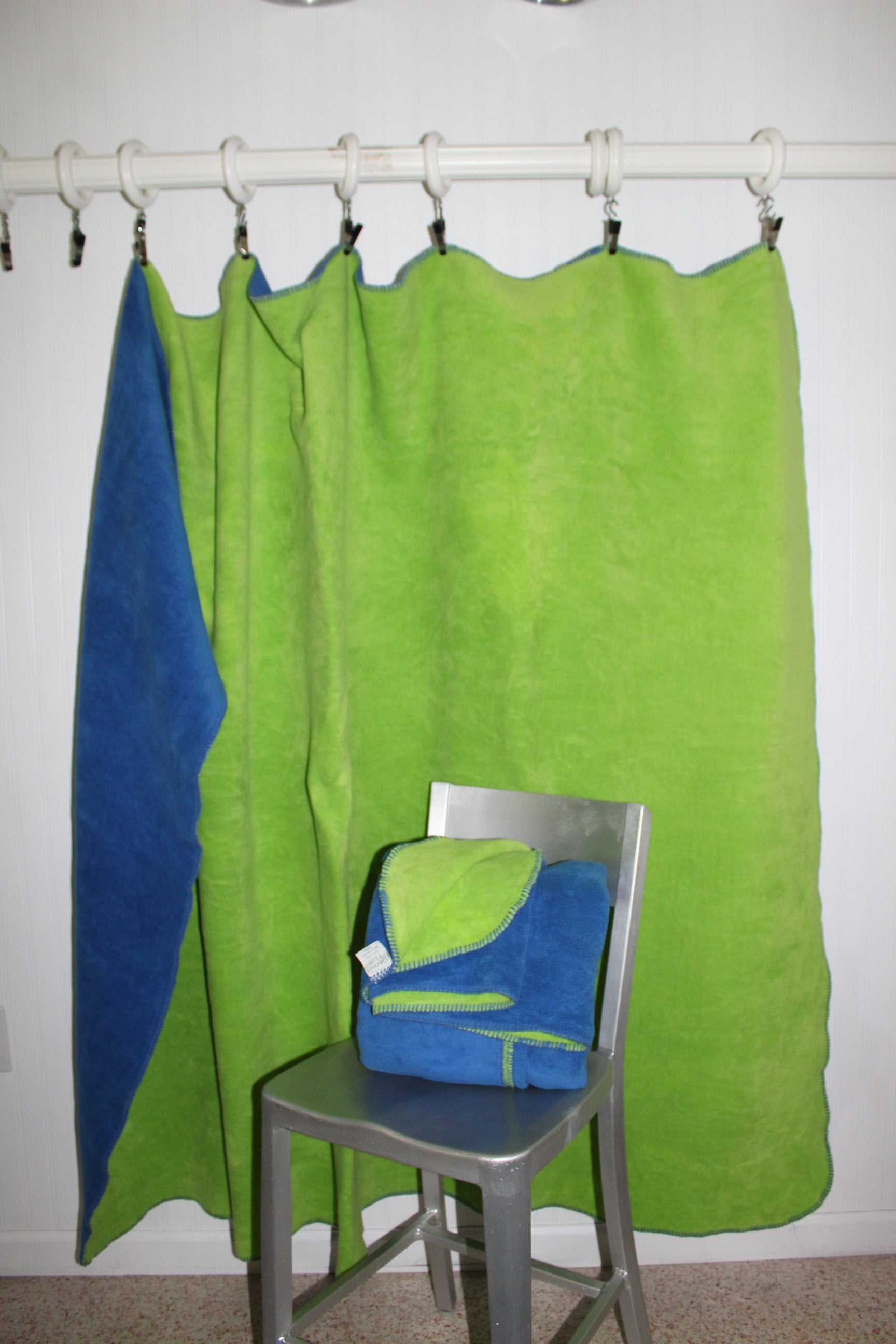 Pair Garnet Hill Blankets 100% Cotton Plush Germany Twin Reverse Lime Green Royal Blue soft