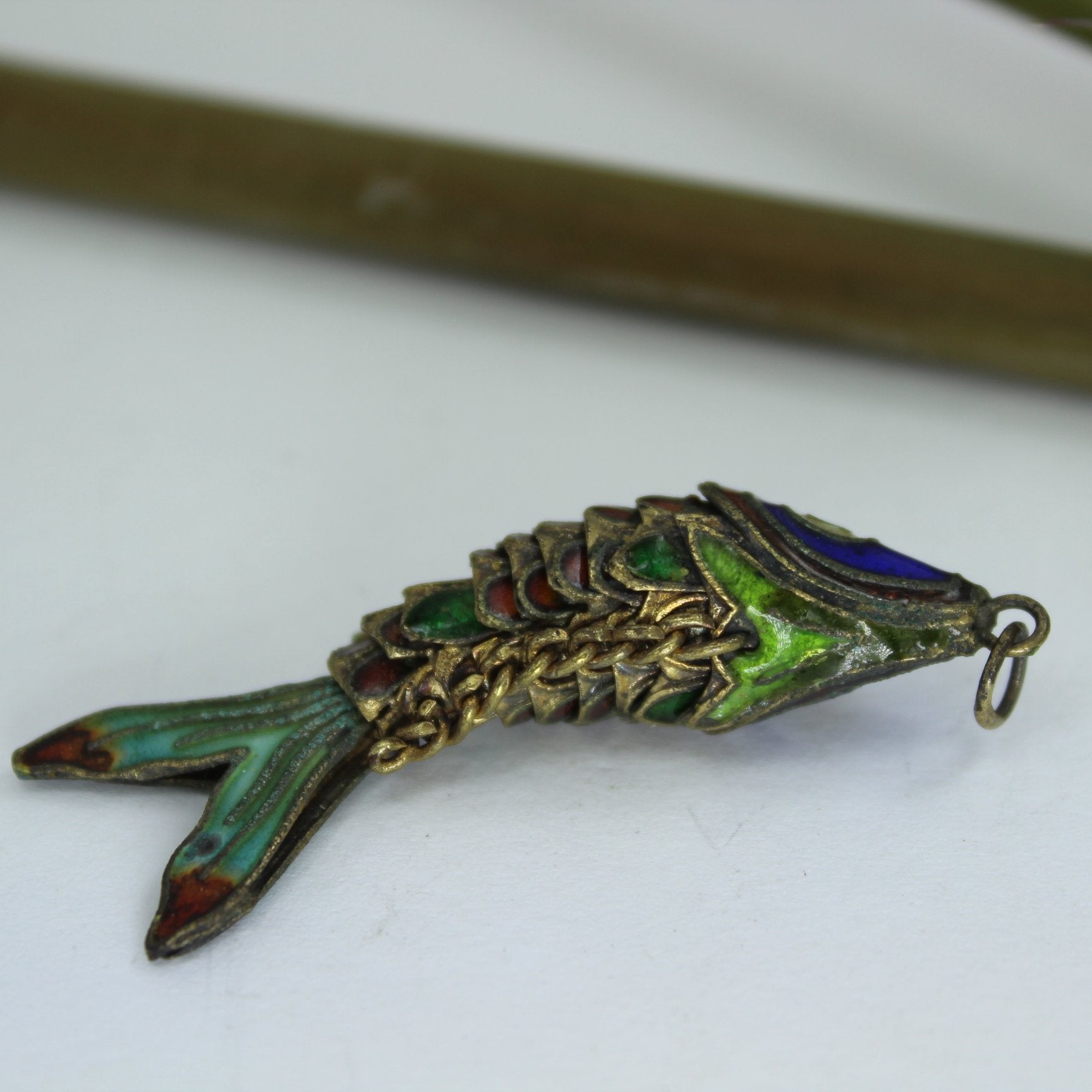 Enamel Cloisonne Pendant Articulated Fish Colorful Cobalt Aqua Green Red bottom of fish chain construction