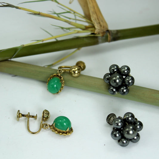 Collection 2 Pairs Screw Back Earrings Jade Wired Black Pearl