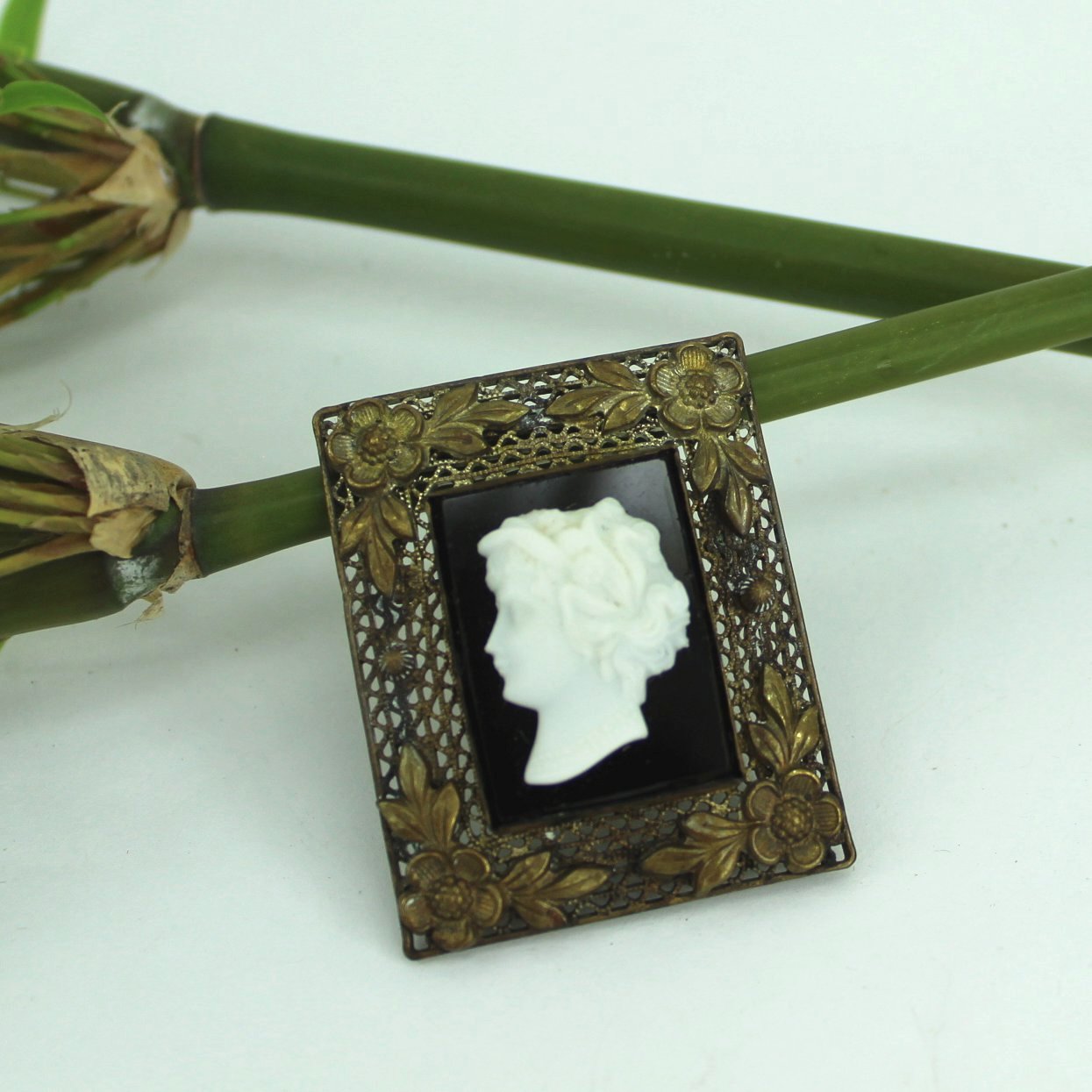 Czech Cameo Pin Filigree Flowers Frame Old