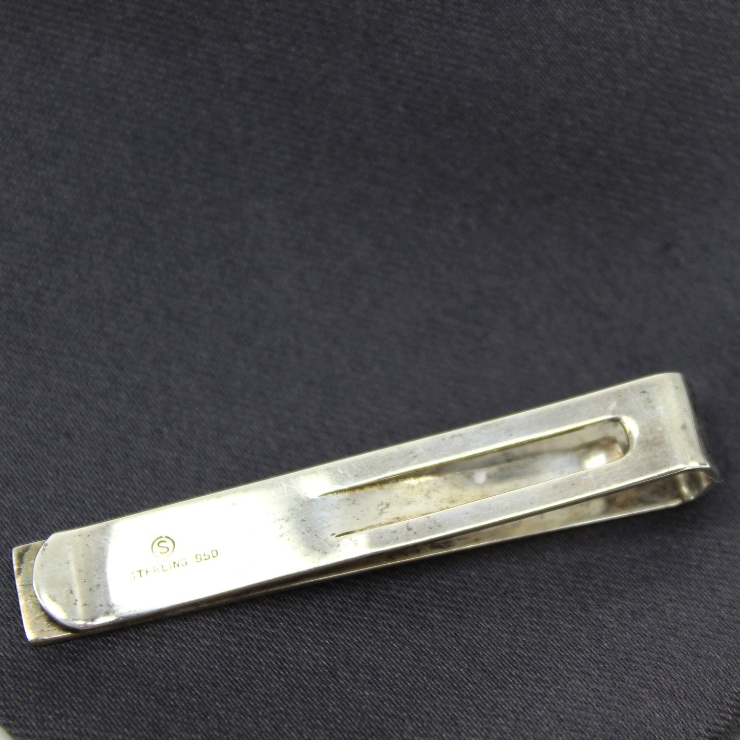 Old Damascene Sterling 950 Tie Bar Clip Black Silver "S" in Circle Mark reverse of clip