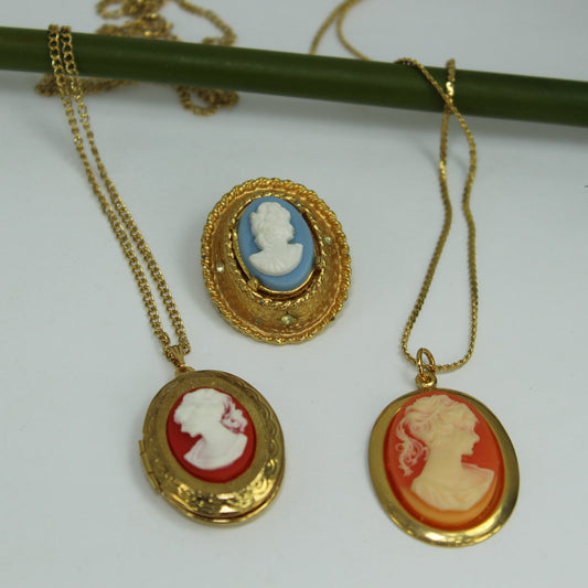 Collection 3 Cameo Jewelry Necklaces Locket Costume