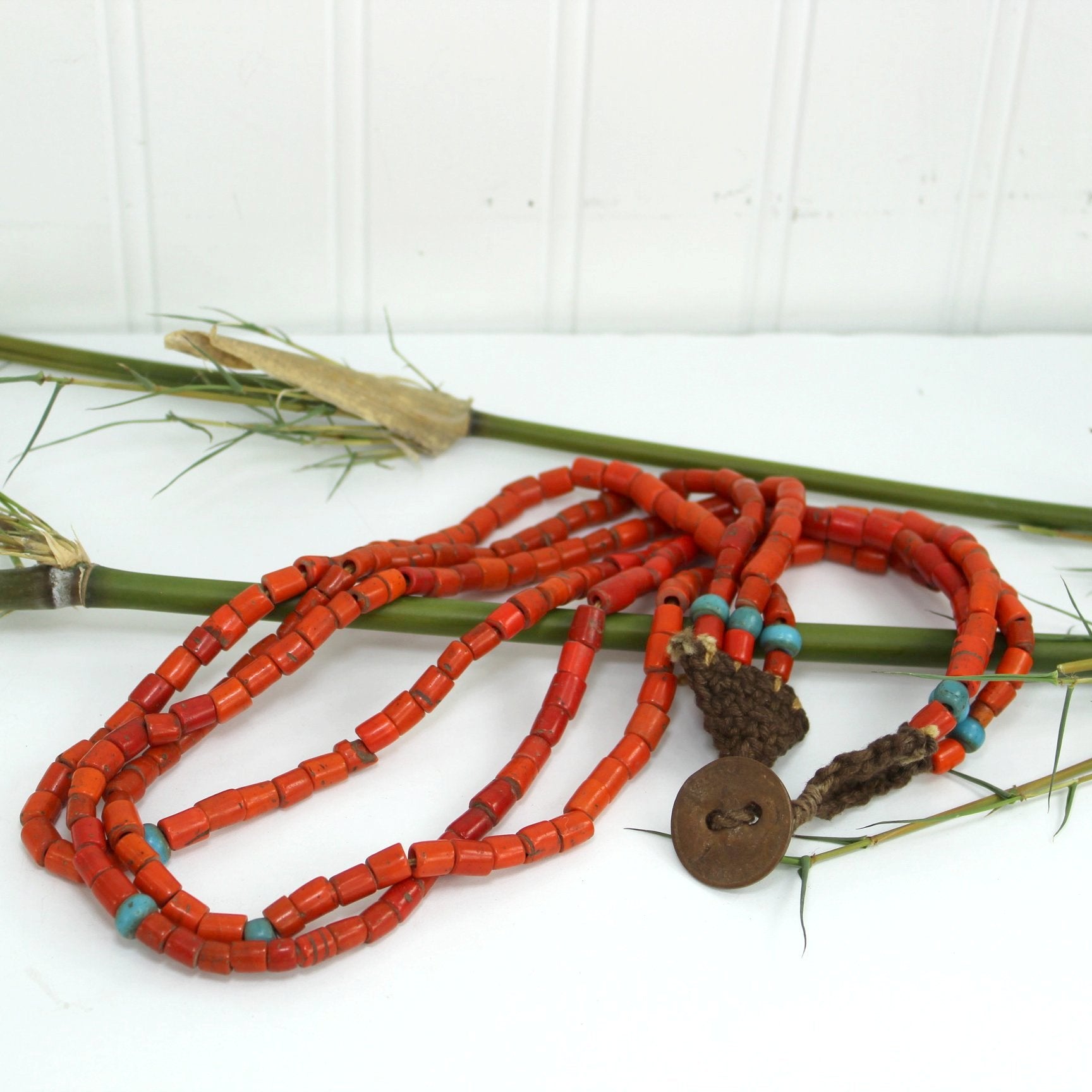 African Necklace Coral Beads Blue Glass Beads Old Coin Closure