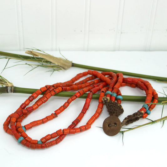 African Necklace Coral Beads Blue Glass Beads Old Coin Closure