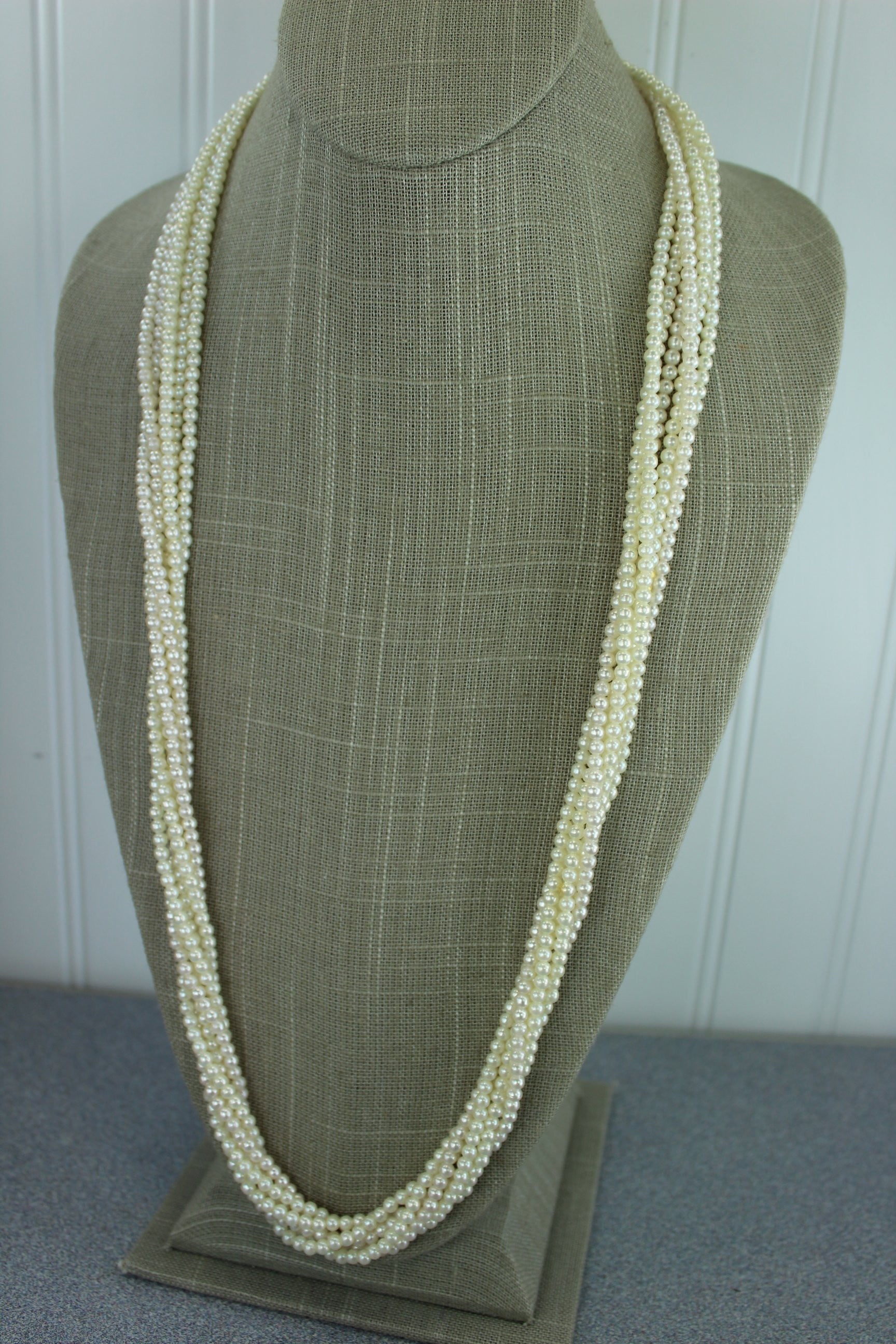 Vintage Faux Pearl Nercklace 3 Strand Long 16" Rope Push Lock Nice Quality Elegant excellent
