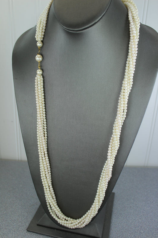 Vintage Faux Pearl Nercklace 3 Strand Long 16" Rope Push Lock Nice Quality Elegant