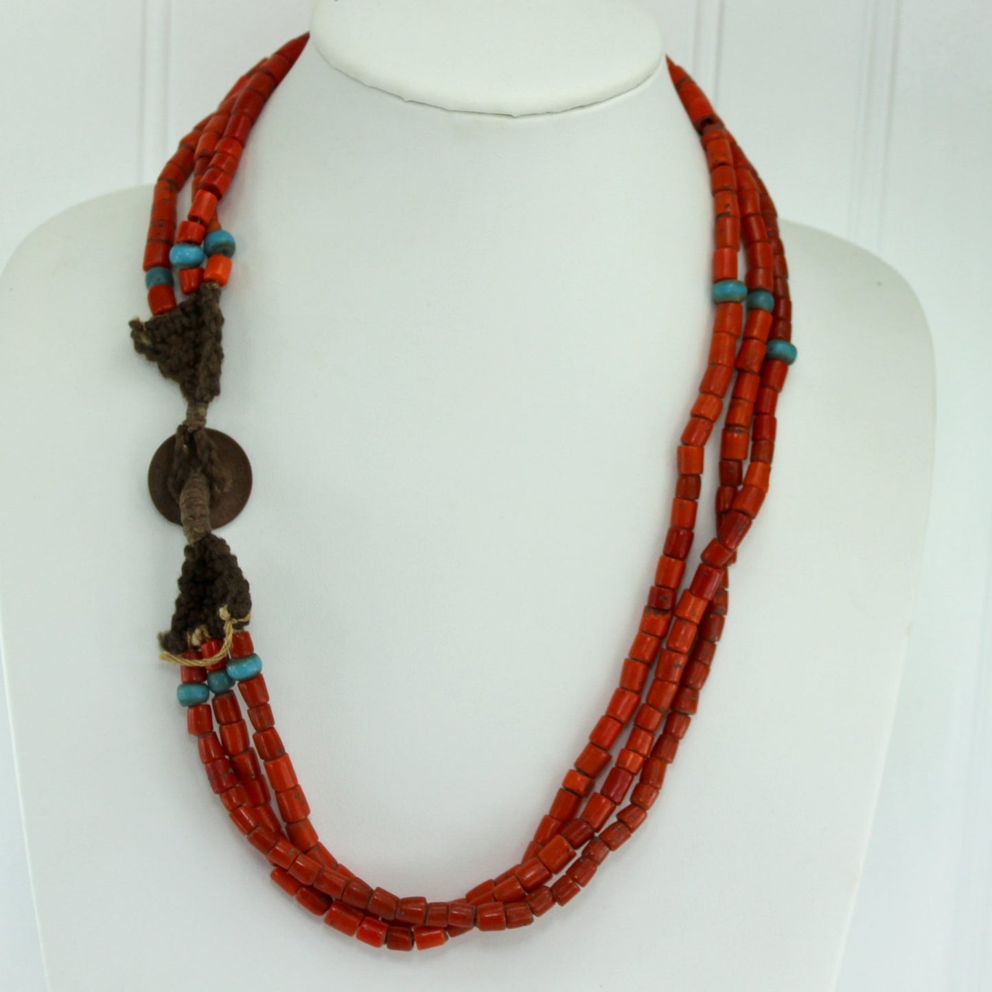 African Necklace Coral Beads Blue Glass Beads Old Coin Closure full view with closure on side