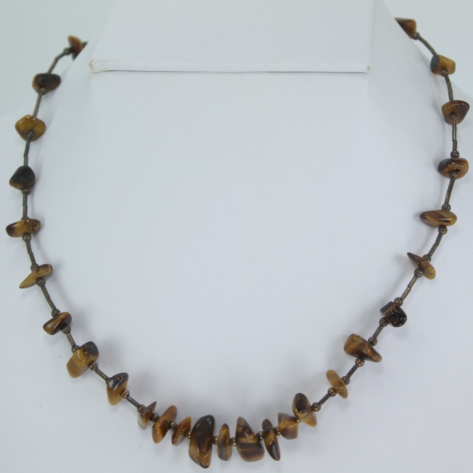 Necklace Tigers Eye Nugget Shapes Silver Beads Great Feel Look 16"  browns