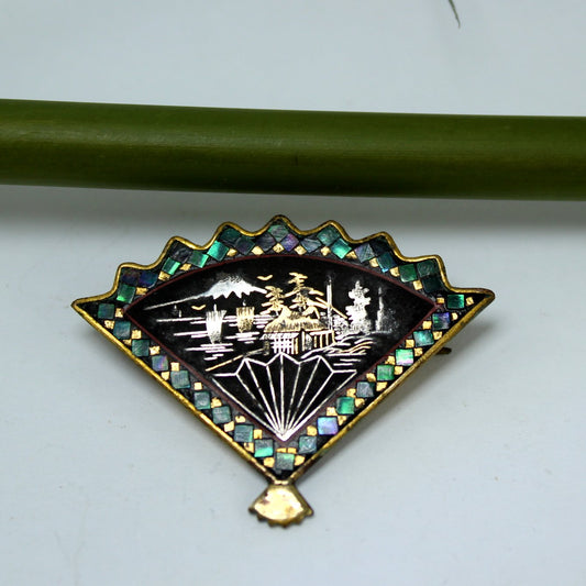 Unusual Damascene Fan Pin Colorful Border Metallic Colors Japan