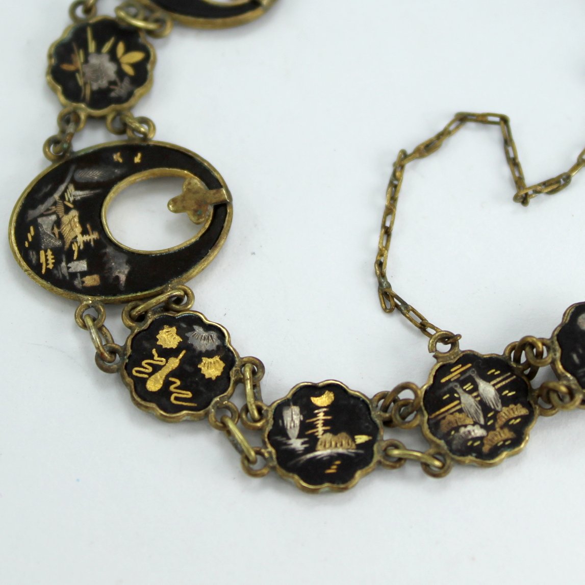 Mid Century Damascene Set Japan Necklace Screw Earrings Bracelet closeup designs