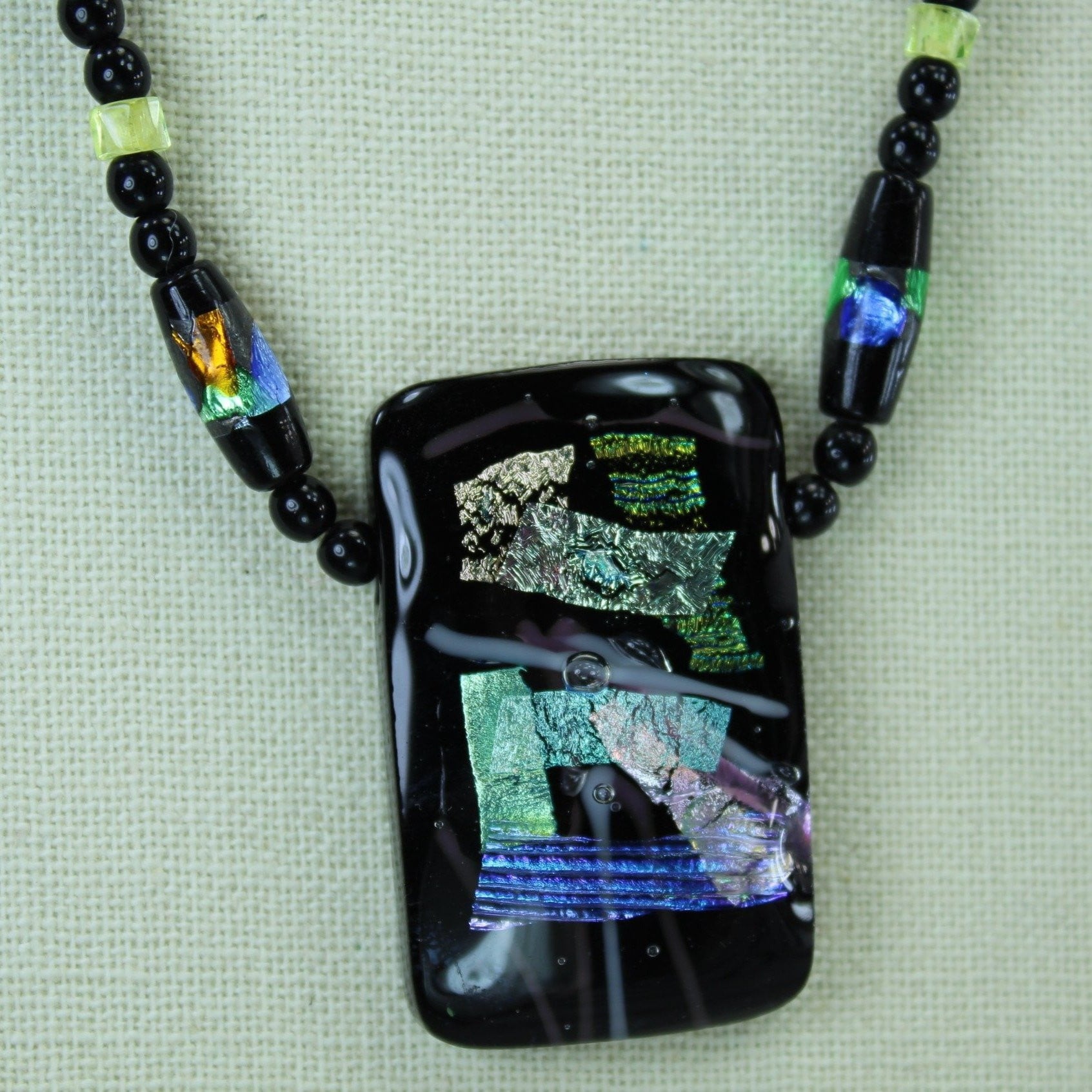 Artisan Dichoric Glass Necklace Black with Vibrant Colors beads