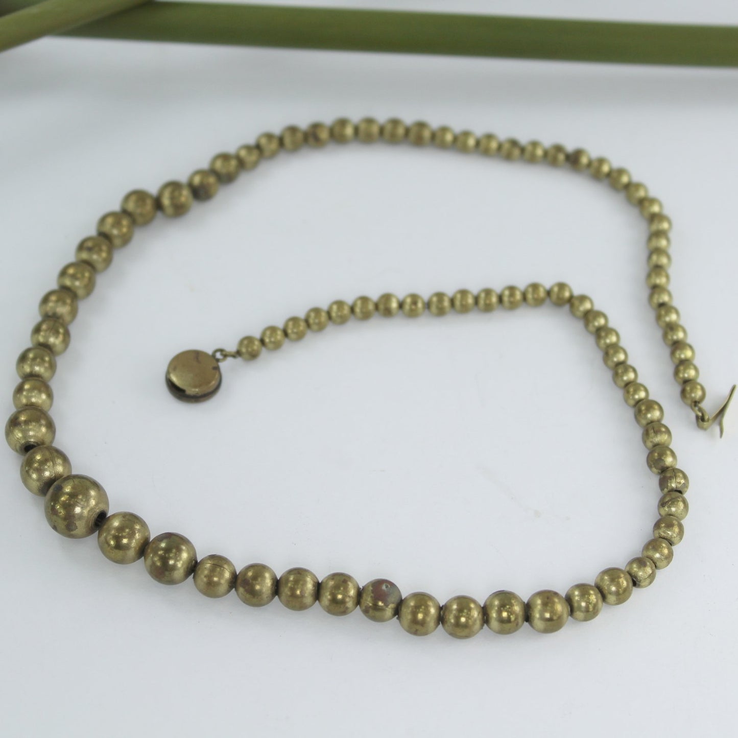 Brass Bead Necklace 1940s Graduated Size Chain Strung open view of necklace