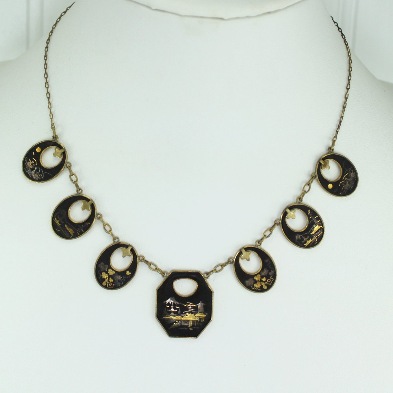 Mid Century Damascene Set Japan Necklace Screw Earrings Bracelet necklace closeup