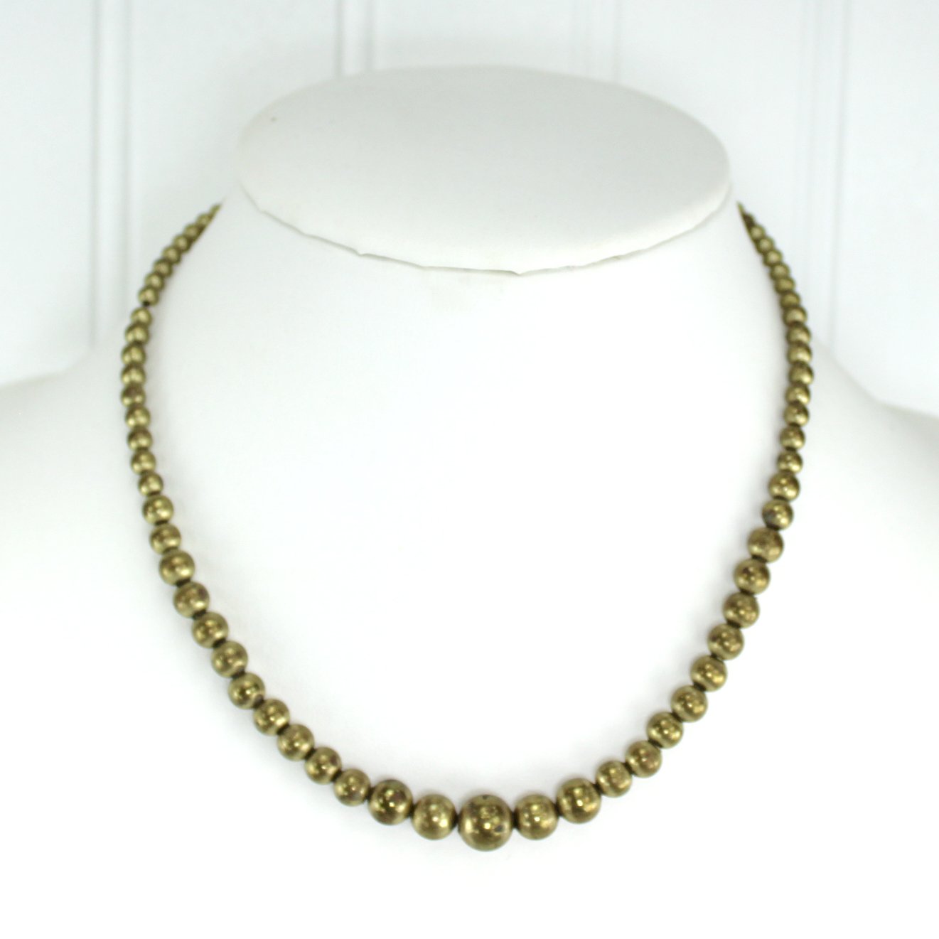 Brass Bead Necklace 1940s Graduated Size Chain Strung neck view