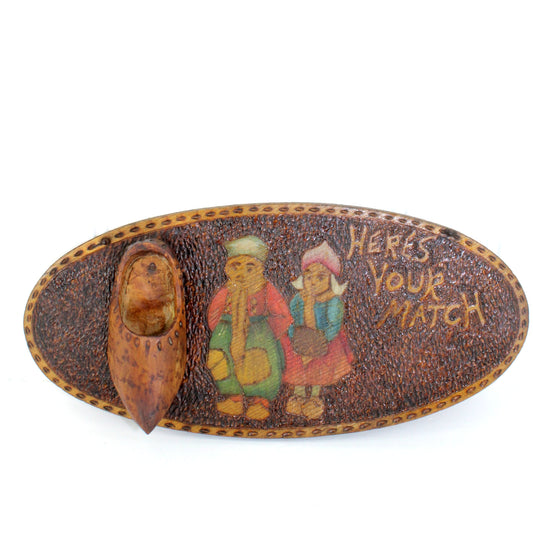 Antique Flemish Art Co. NY Pyrography Match Holder Dutch Boy Girl Wood Shoe Painted 100+ Years company started 1800s