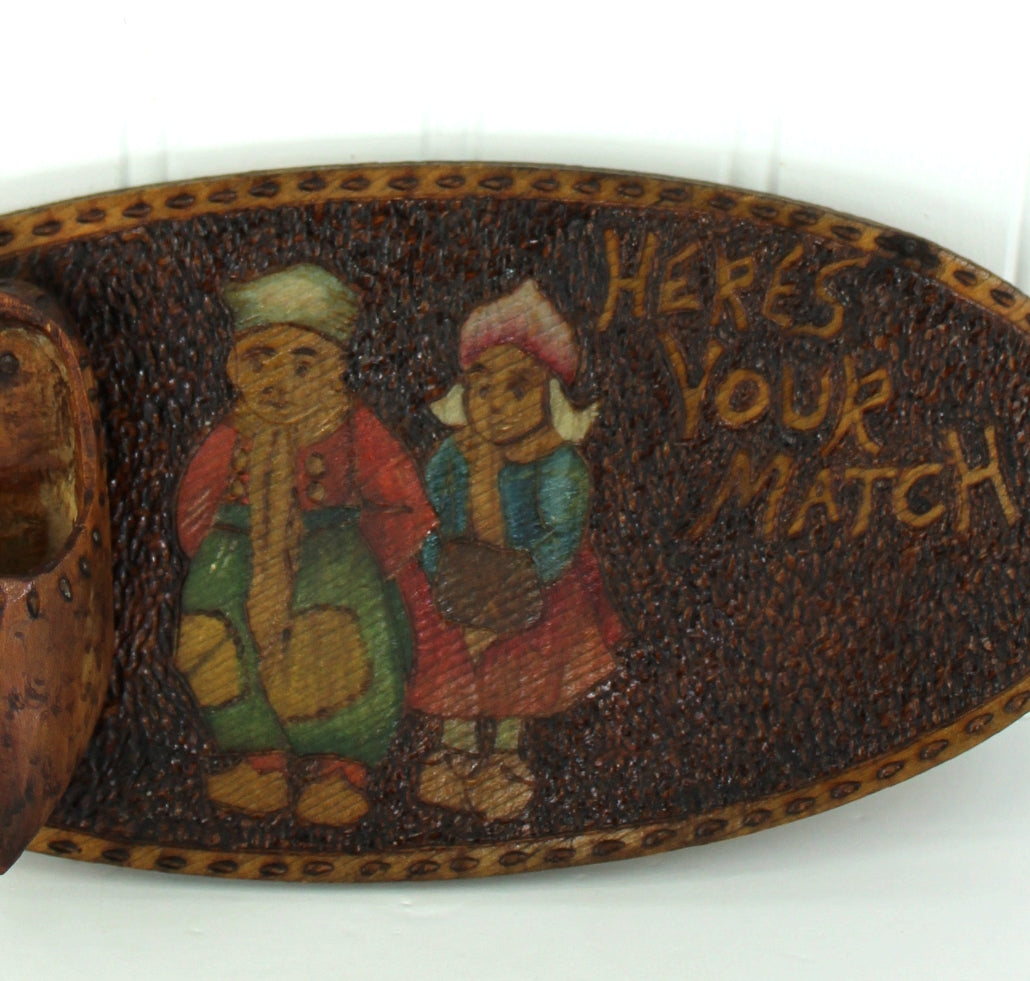 Antique Flemish Art Co. NY Pyrography Match Holder Dutch Boy Girl Wood Shoe Painted 100+ Years wall hanging plaque