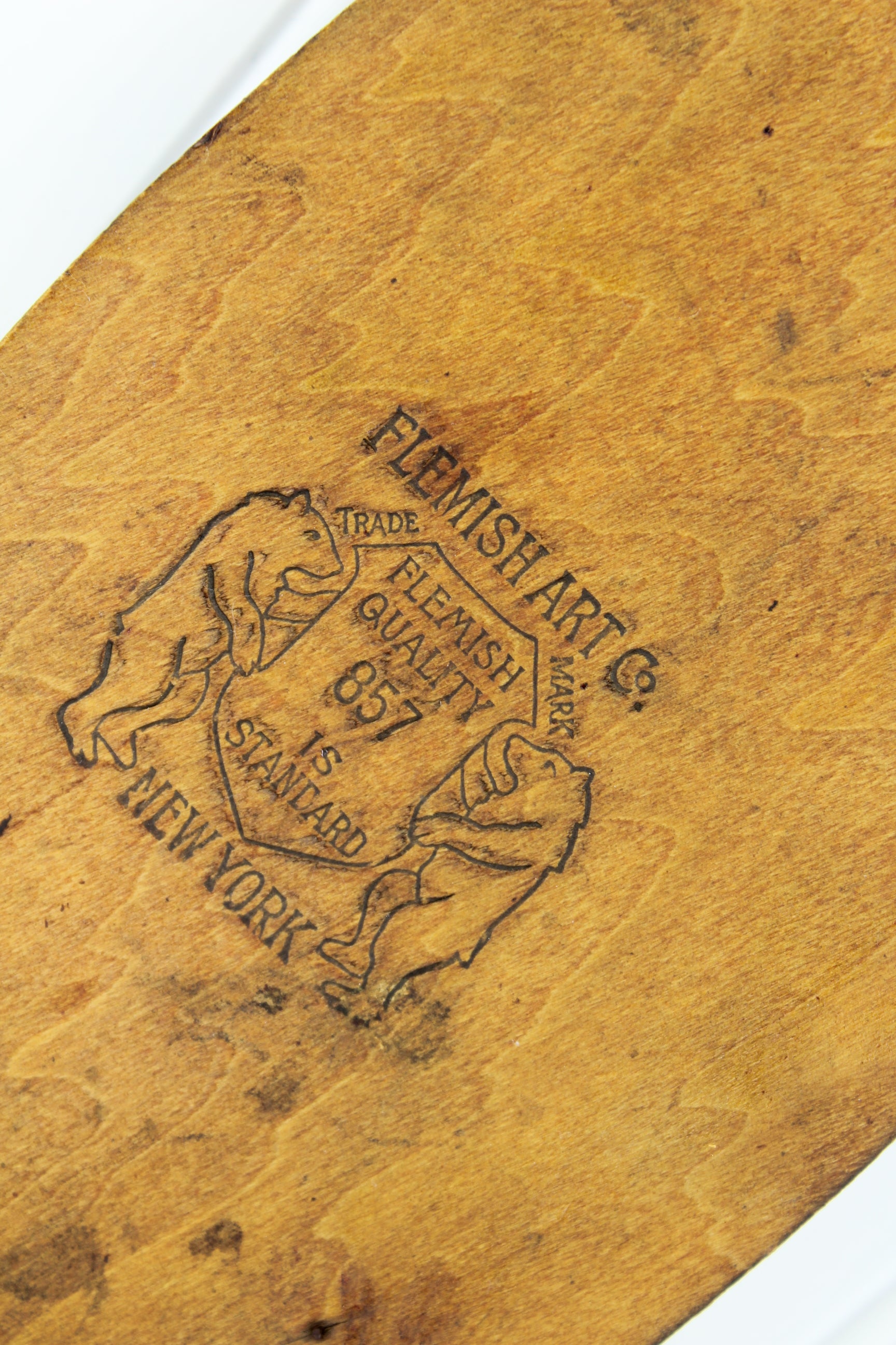 Antique Flemish Art Co. NY Pyrography Match Holder Dutch Boy Girl Wood Shoe Painted 100+ Years company logo bears