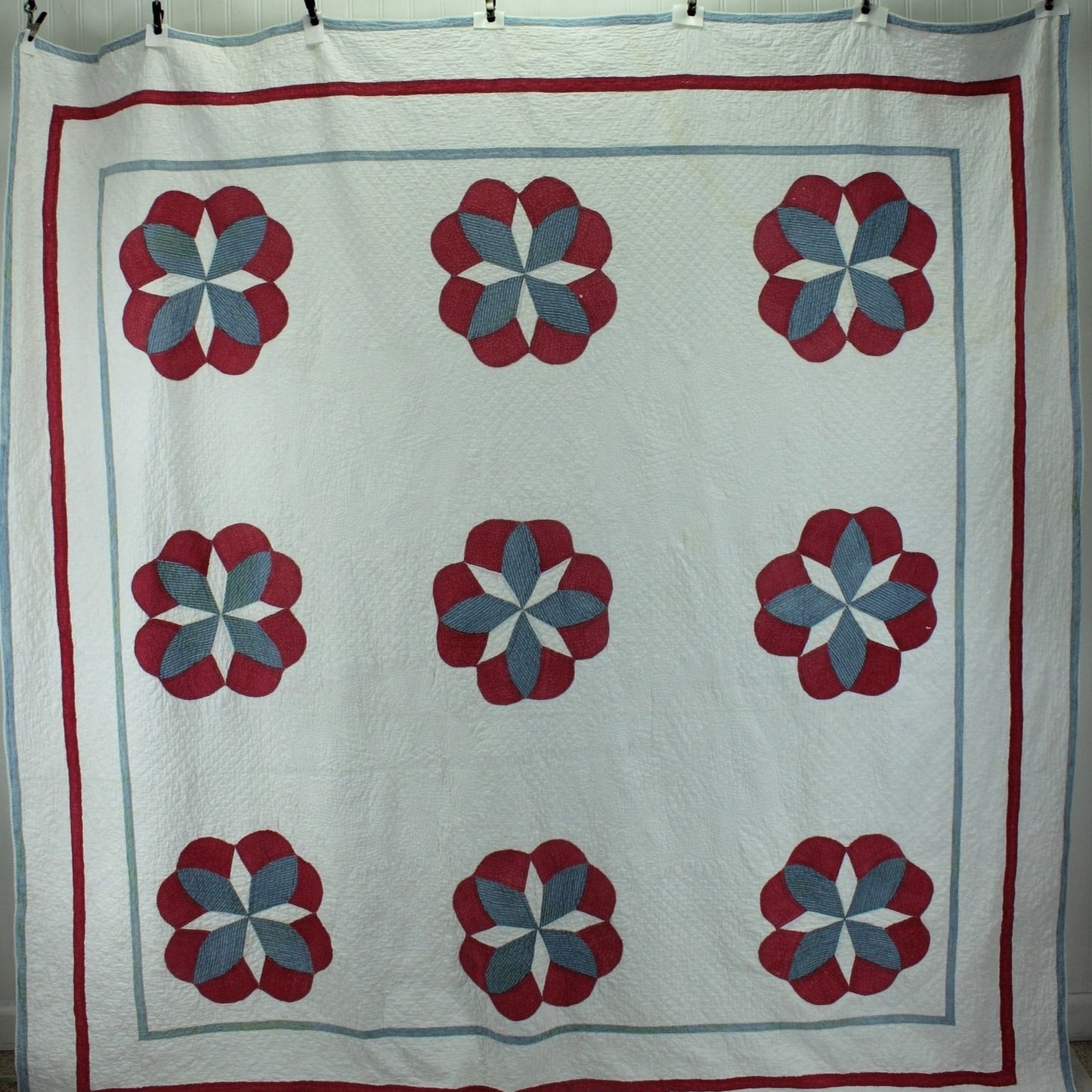 Antique Intricate Hand Stitched Quilt - Early 1900s Cotton Red Blue 9 Design - Natural Cotton Fill