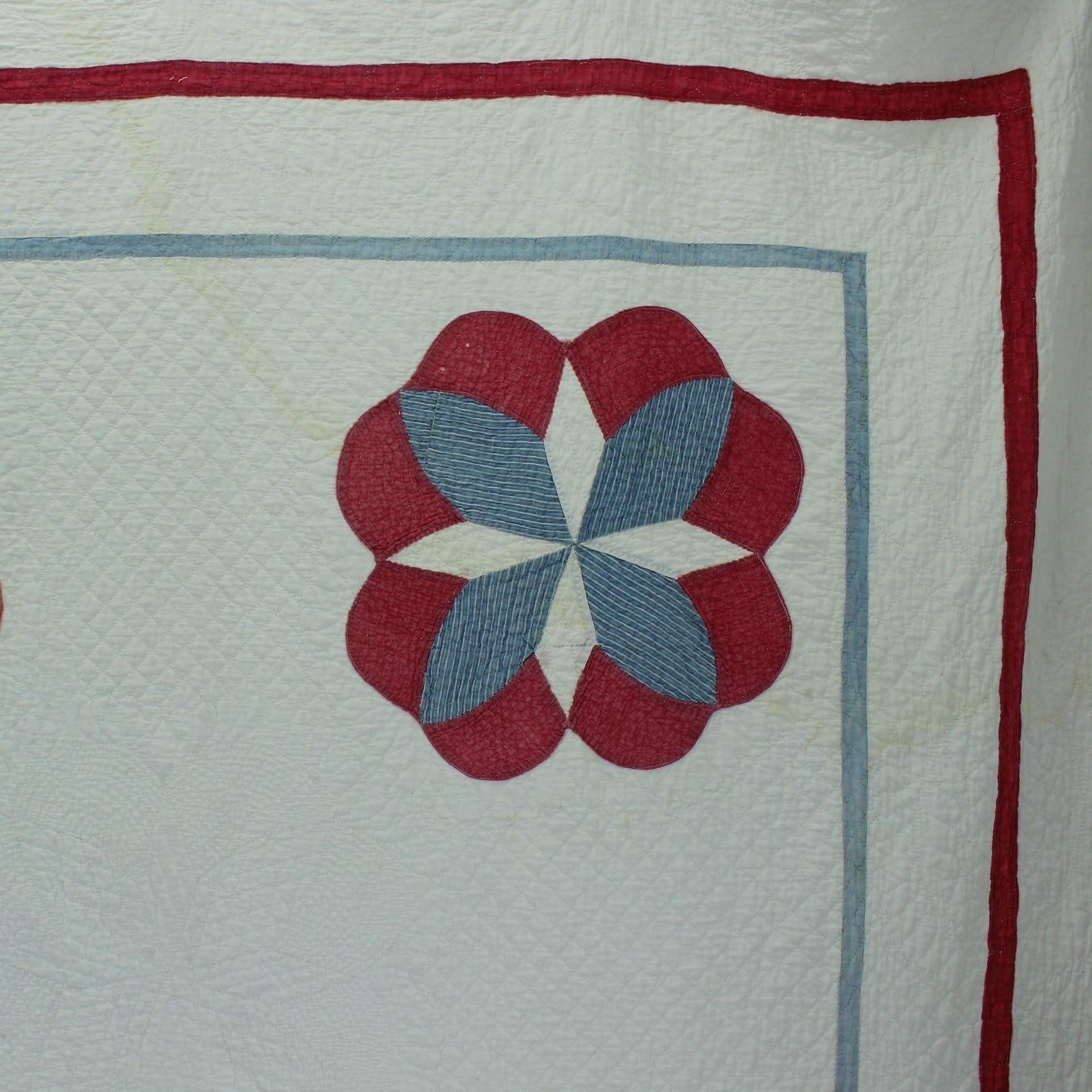 Antique Intricate Hand Stitched Quilt - Early 1900s Cotton Red Blue 9 Design - Natural Cotton Fill simplistic design