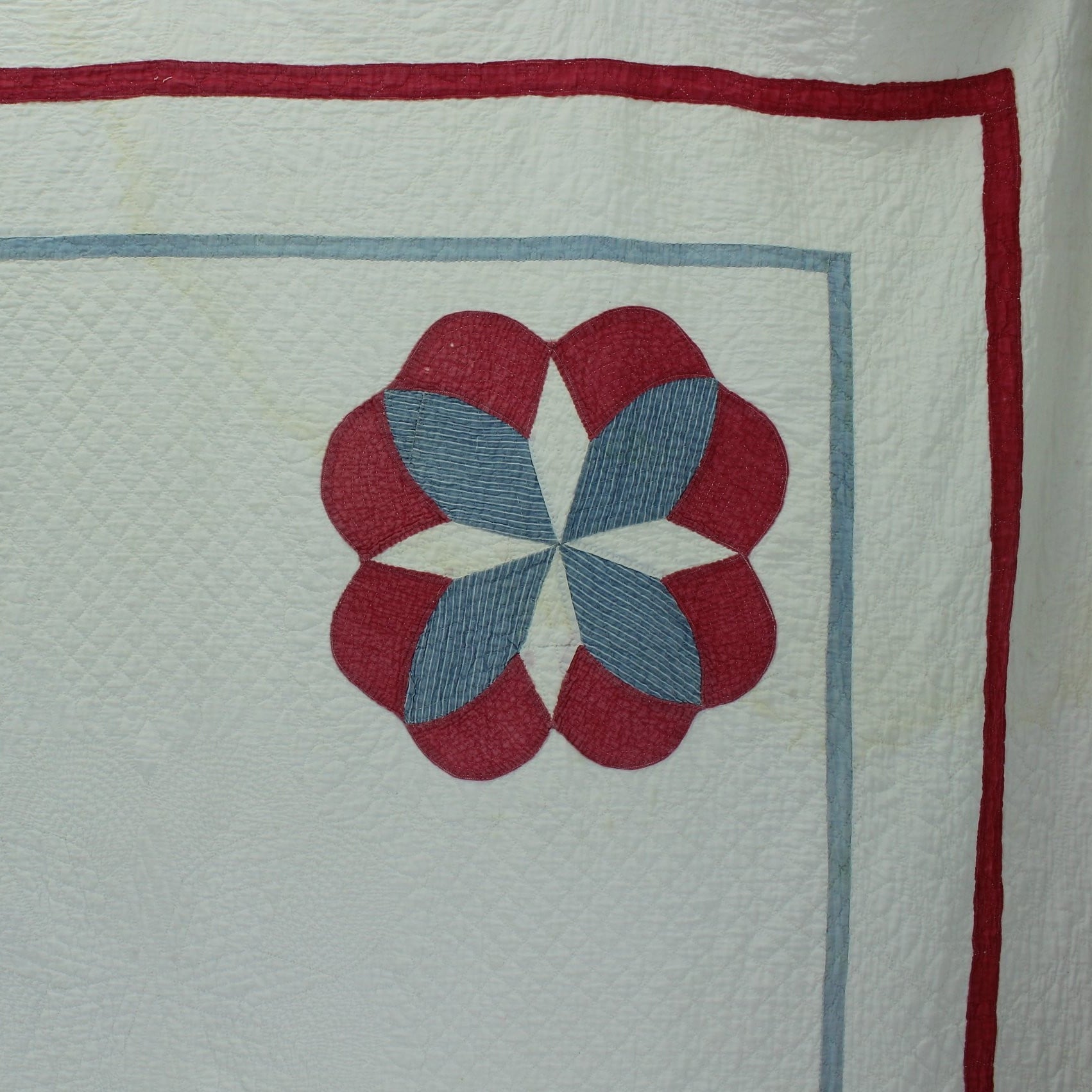 Antique Intricate Hand Stitched Quilt - Early 1900s Cotton Red Blue 9 Design - Natural Cotton Fill - Olde Kitchen & Home