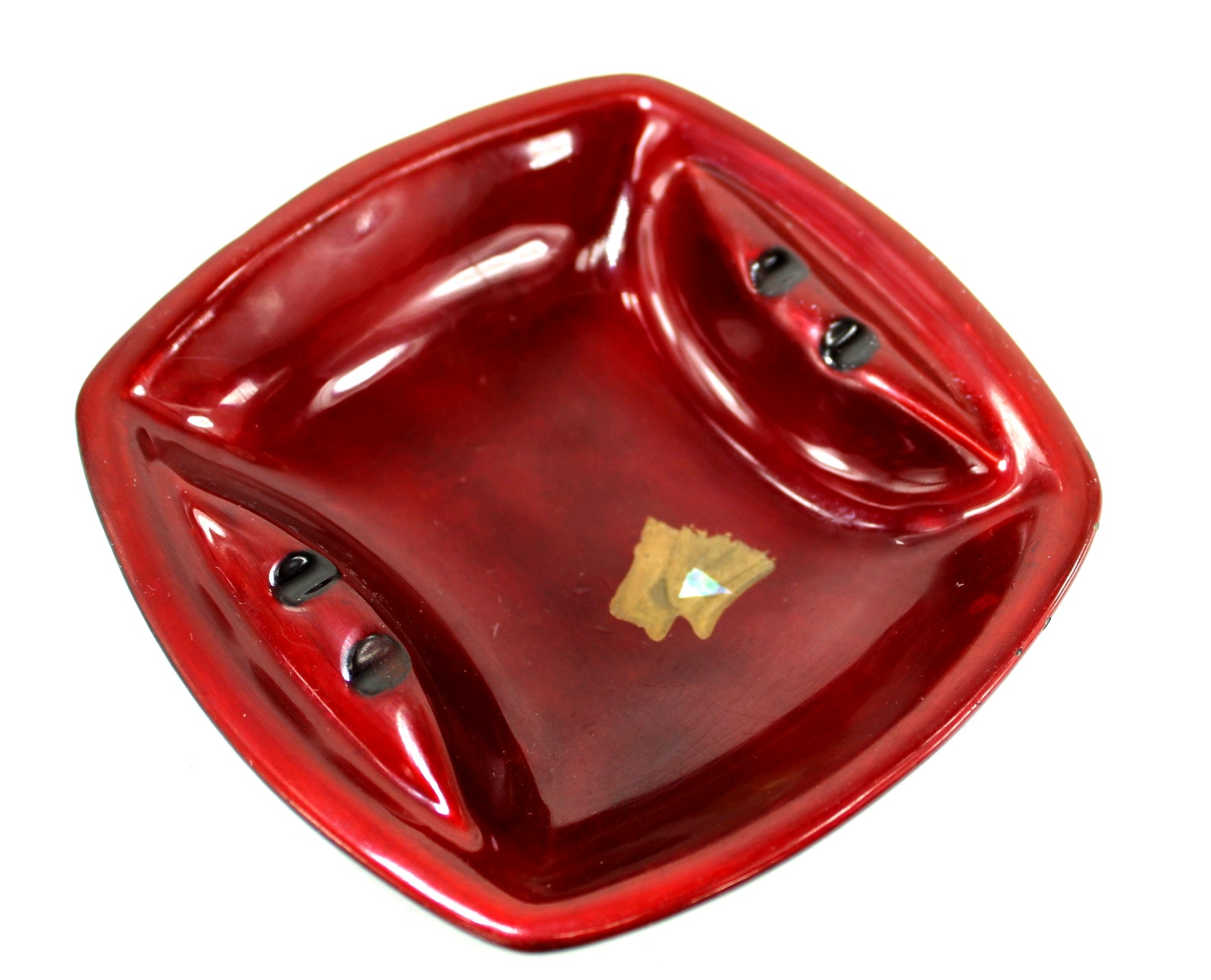 Black Glass Ashtray - Red Enamel Japan Mid Century Unusual Wood Shell Inserts colorful shell  insert