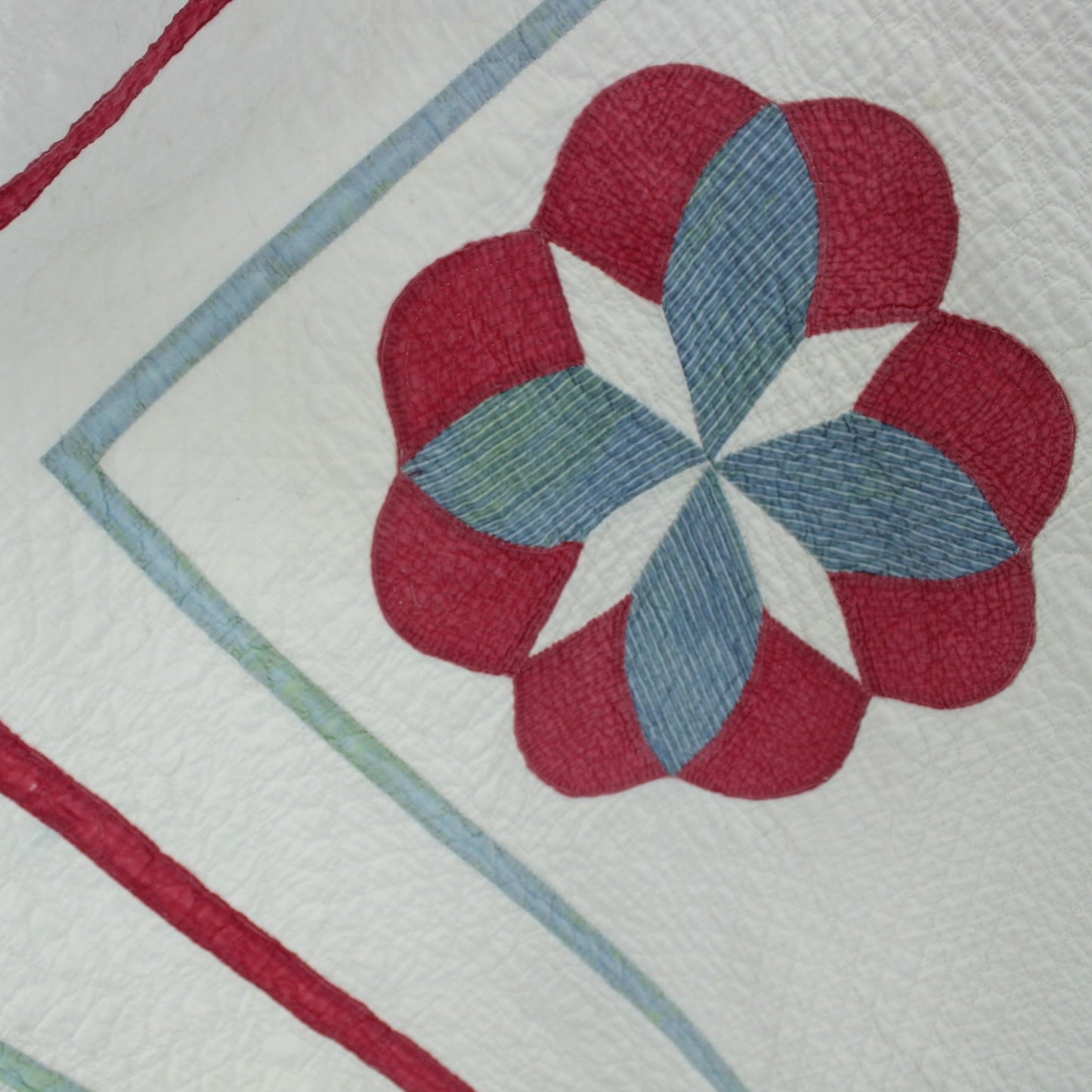 Antique Intricate Hand Stitched Quilt - Early 1900s Cotton Red Blue 9 Design - Natural Cotton Fill 100+ years old