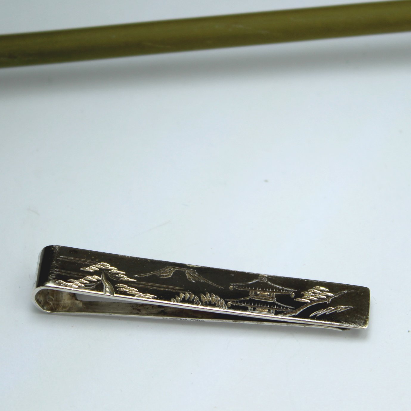 Old Damascene Sterling 950 Tie Bar Clip Black Silver "S" in Circle Mark money clip