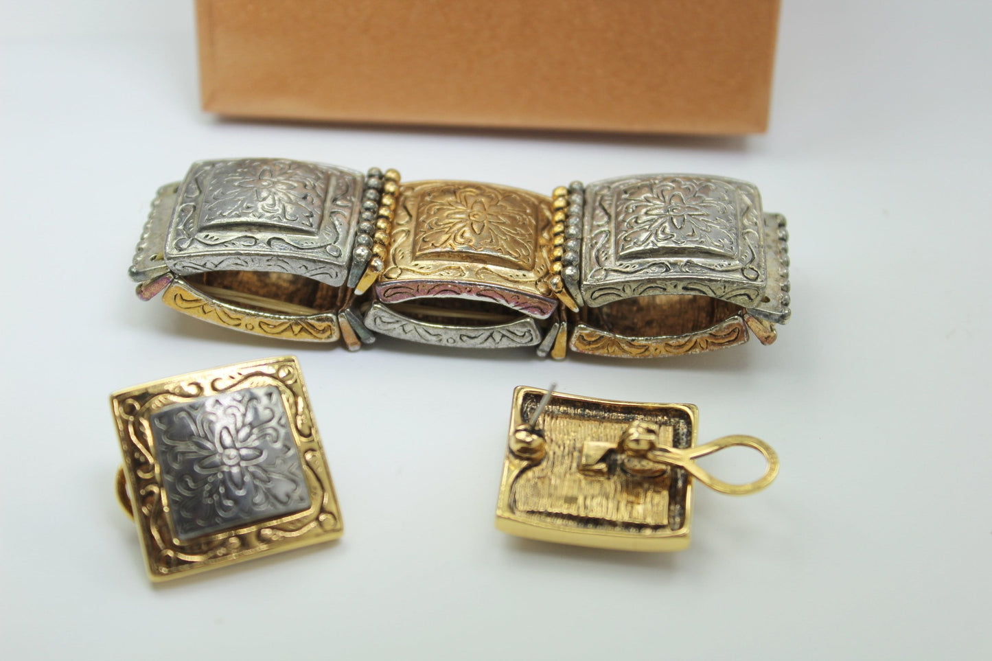 Vintage Set PREMIER Bracelet Earrings Handsome Squares Multi Metal unusual