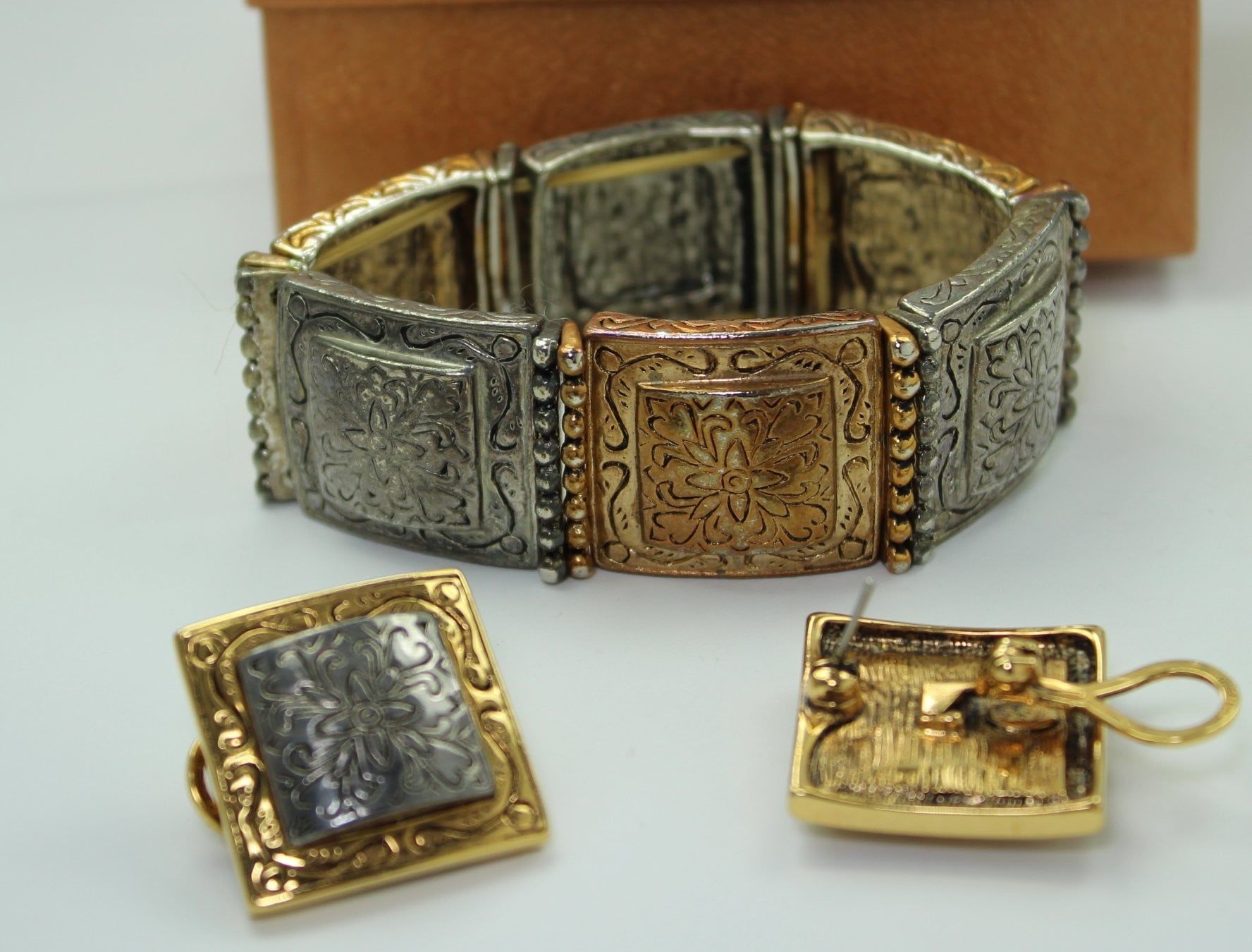 Vintage Set PREMIER Bracelet Earrings Handsome Squares Multi Metal stretch