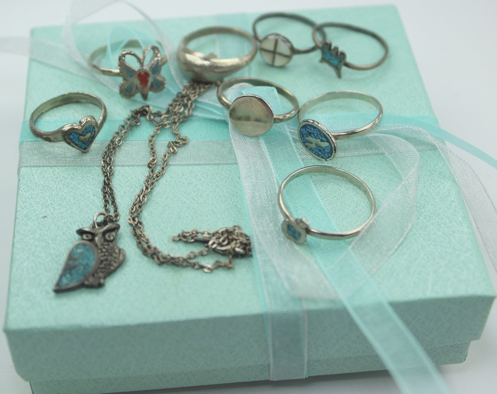 Lot 8 Costume Rings 1 Owl  Necklace Turquoise Southwest Designs collection