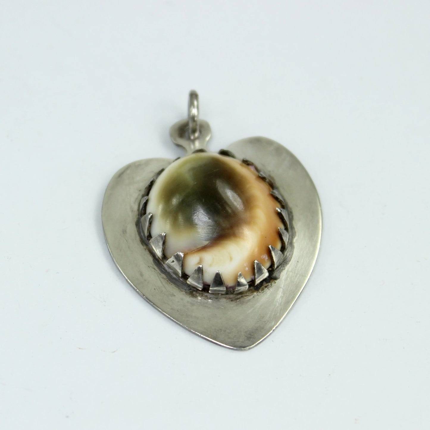 Operculum Heart Pendant Sweetheart WW 11 Trench Art Silver Military Metal closeup of heart